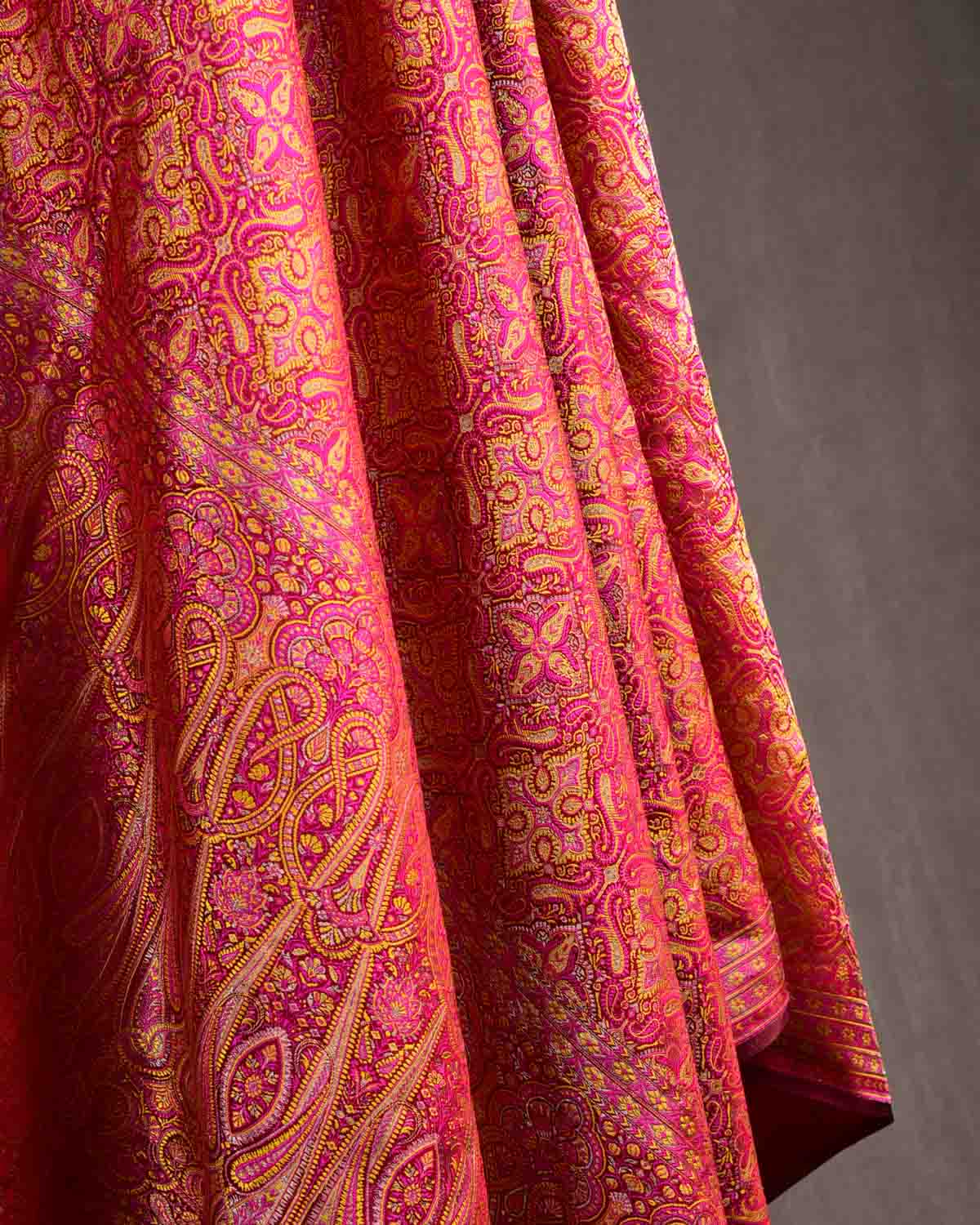 Pink-Yellow Tehra Jamawar Brocade Handwoven Katan Silk Banarasi Dupatta-HolyWeaves