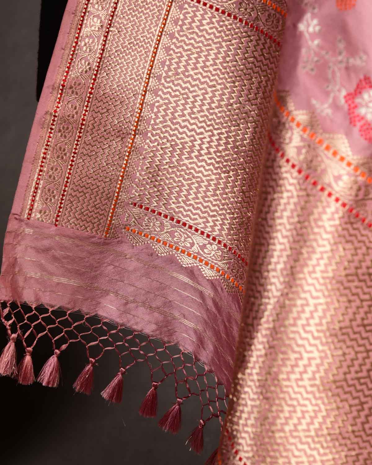 Rosy Brown Gold Zari And Meena Jaal Kadhuan Brocade Handwoven Katan Silk Banarasi Dupatta-HolyWeaves