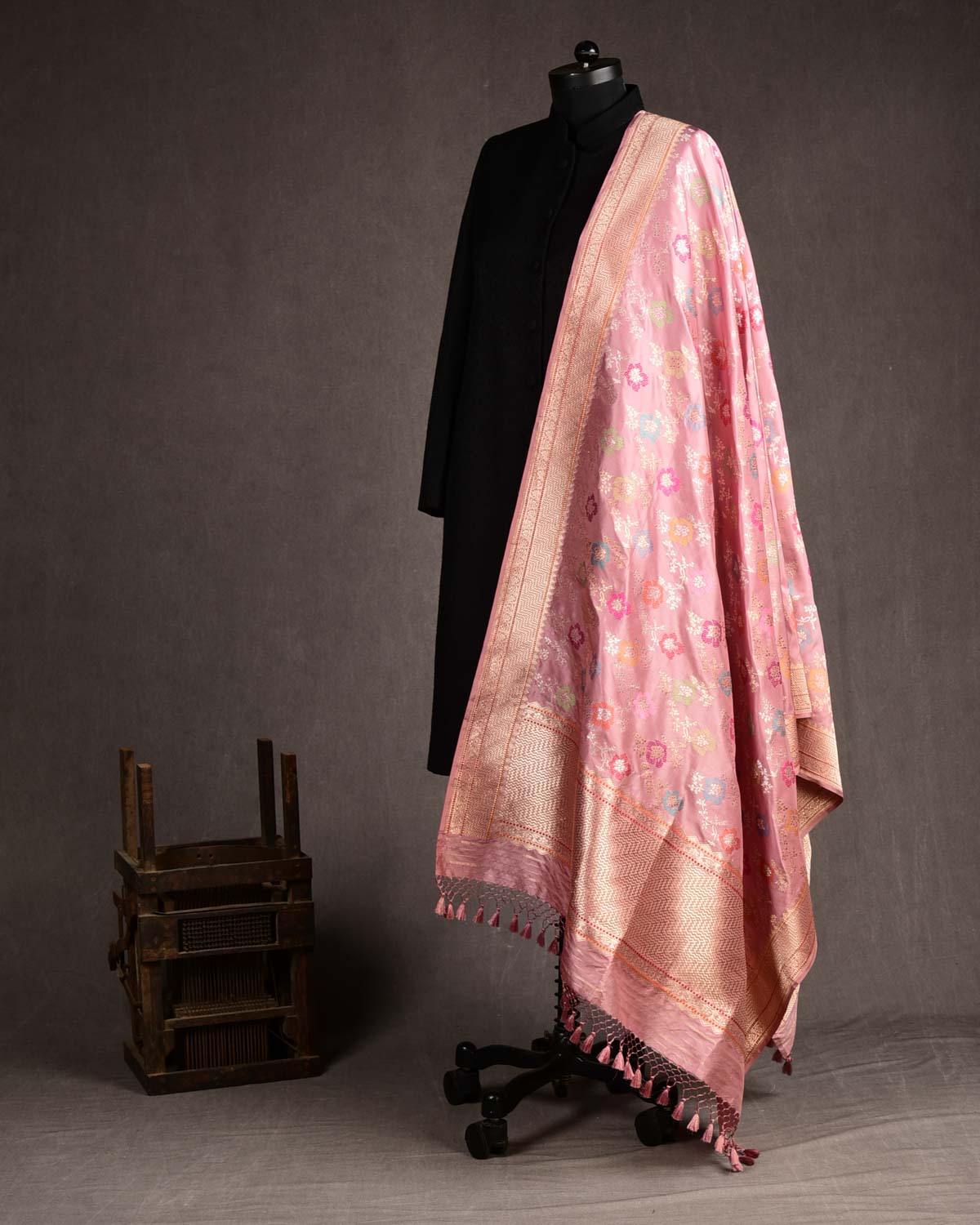 Rosy Brown Gold Zari And Meena Jaal Kadhuan Brocade Handwoven Katan Silk Banarasi Dupatta-HolyWeaves