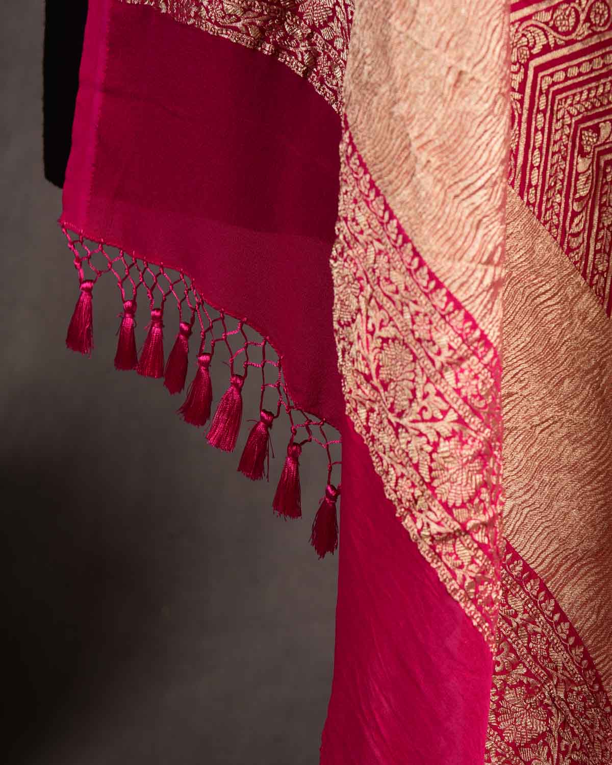Rani Pink Gold Zari Ornament Chevron Cutwork Brocade Handwoven Khaddi Georgette Banarasi Dupatta-HolyWeaves