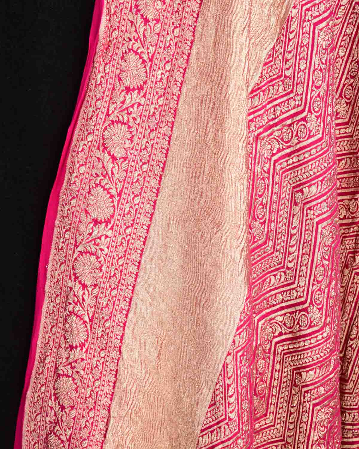 Rani Pink Gold Zari Ornament Chevron Cutwork Brocade Handwoven Khaddi Georgette Banarasi Dupatta-HolyWeaves