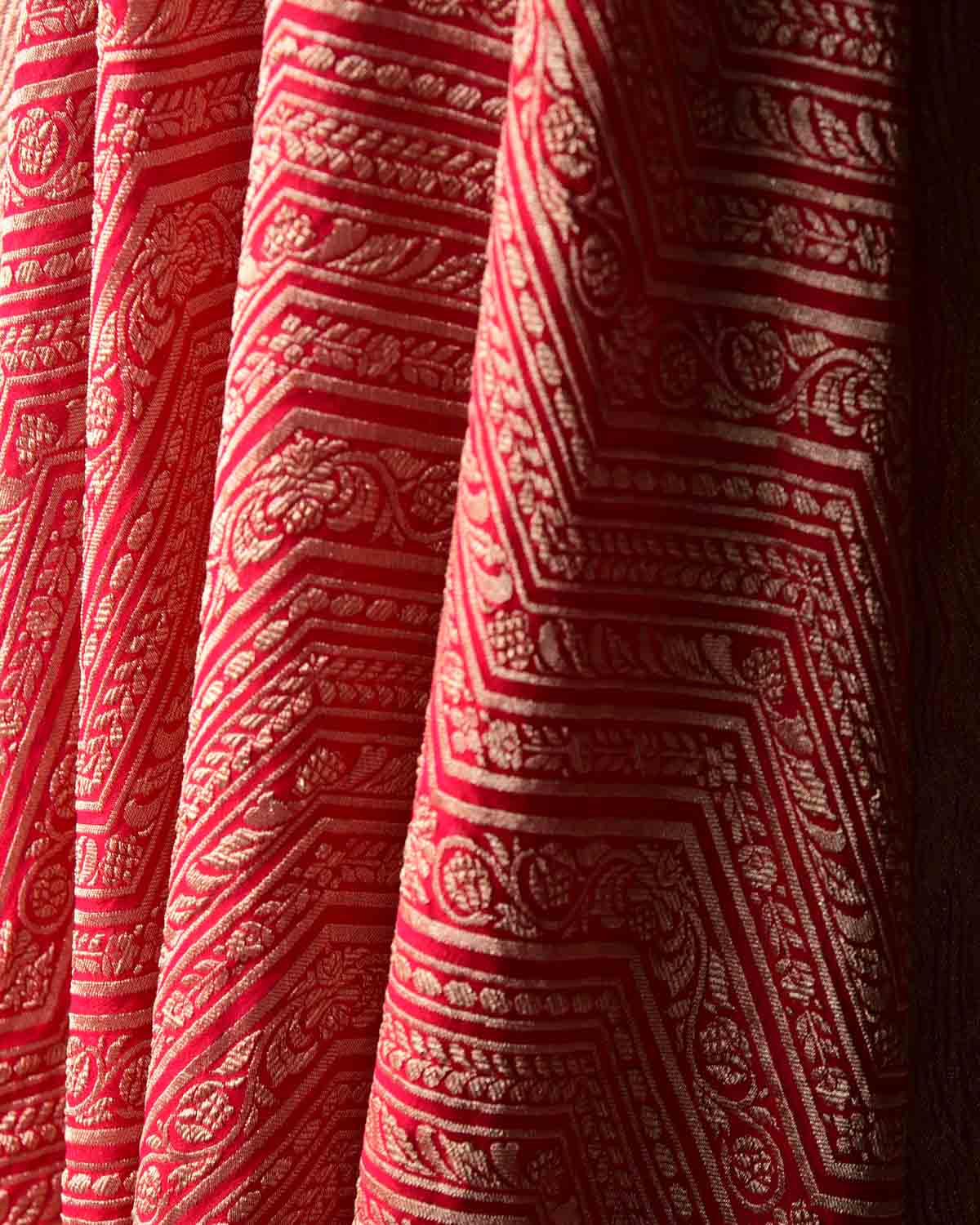Red Gold Zari Ornament Chevron Cutwork Brocade Handwoven Khaddi Georgette Banarasi Dupatta-HolyWeaves