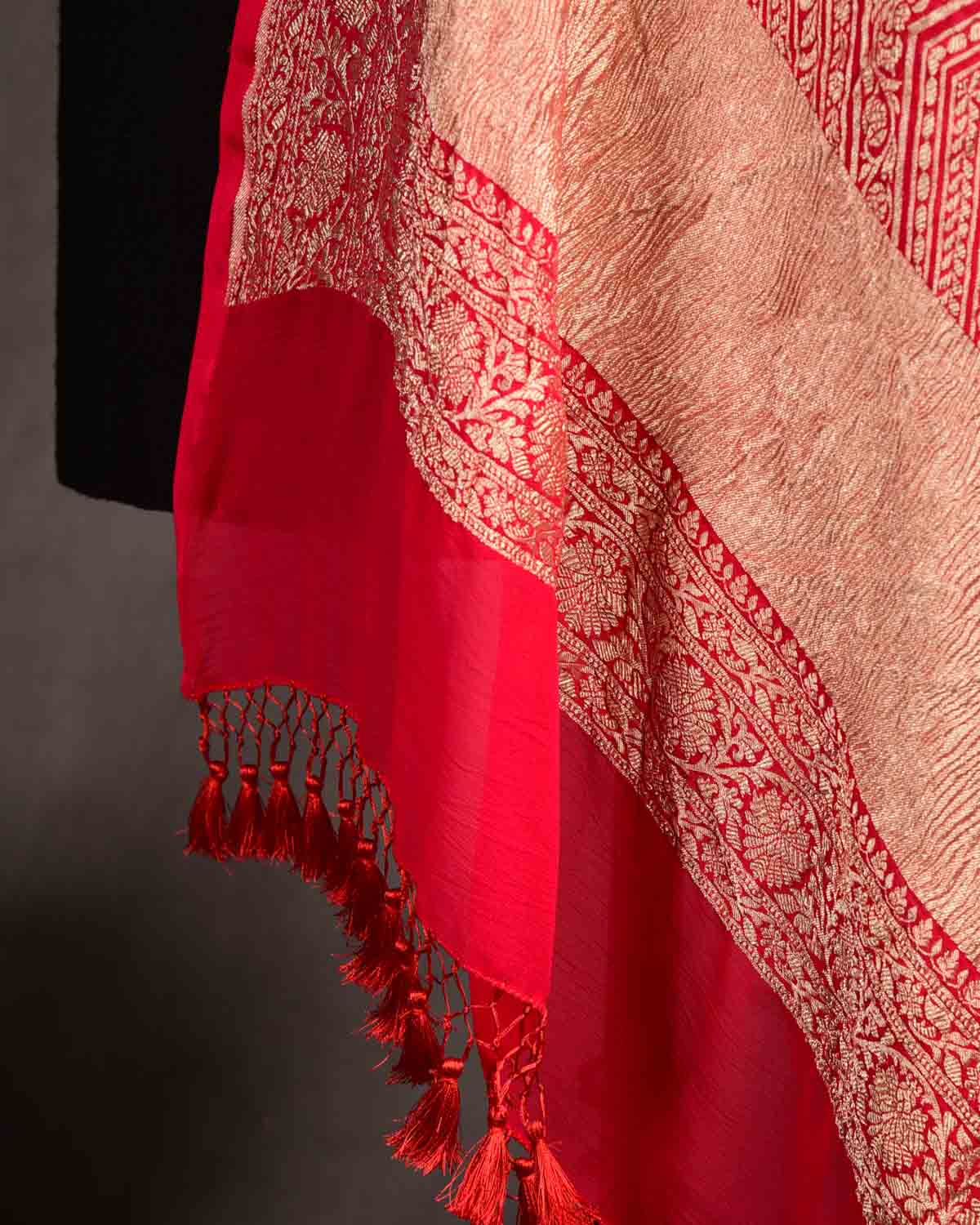 Red Gold Zari Ornament Chevron Cutwork Brocade Handwoven Khaddi Georgette Banarasi Dupatta-HolyWeaves