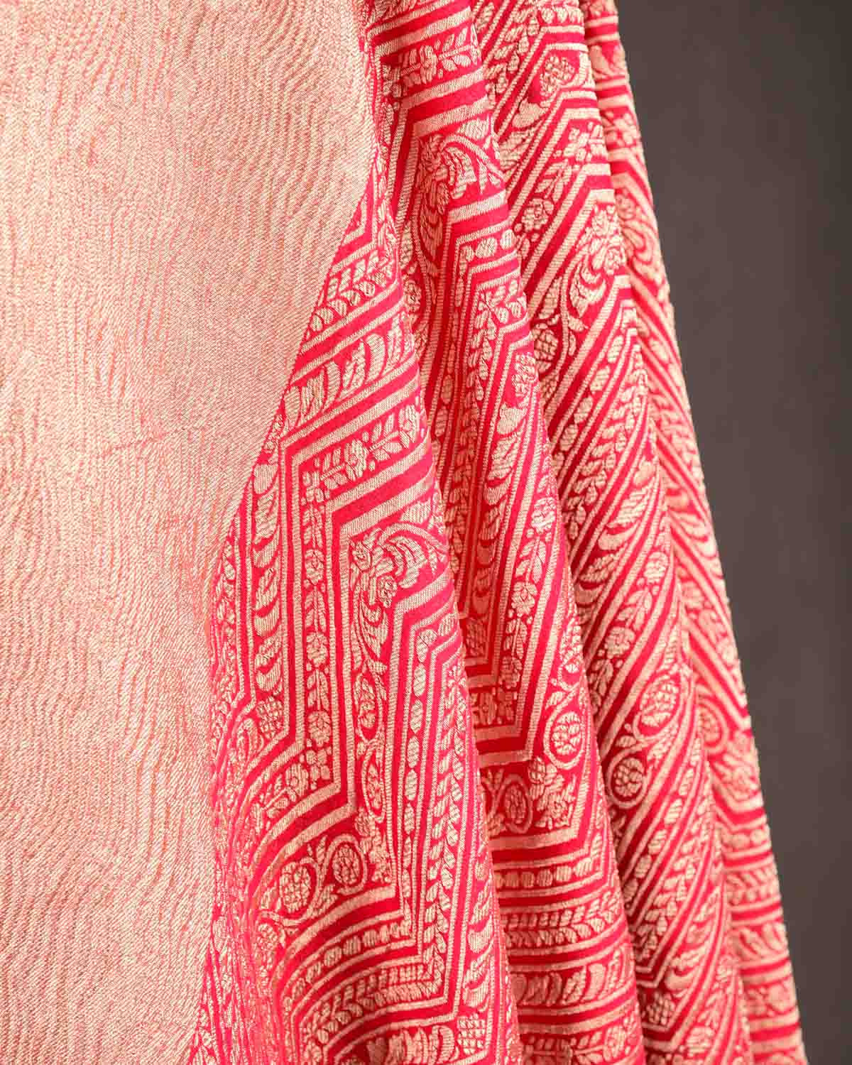 Red Gold Zari Ornament Chevron Cutwork Brocade Handwoven Khaddi Georgette Banarasi Dupatta-HolyWeaves