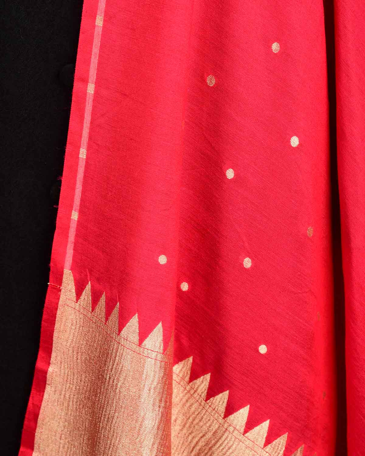 Red Gold Zari Polka Buti Cutwork Brocade Handwoven Muga Silk Banarasi Dupatta-HolyWeaves