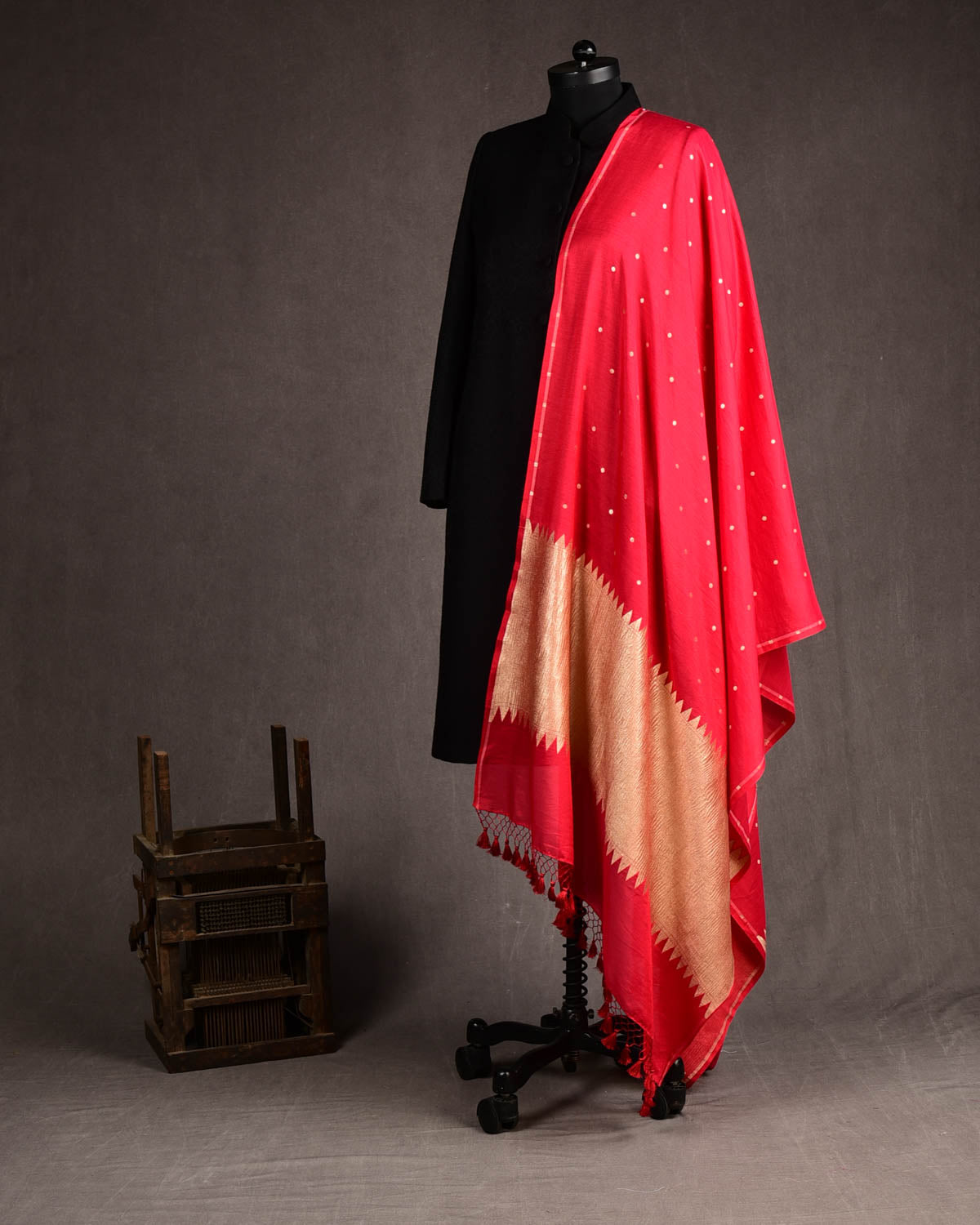 Red Gold Zari Polka Buti Cutwork Brocade Handwoven Muga Silk Banarasi Dupatta-HolyWeaves