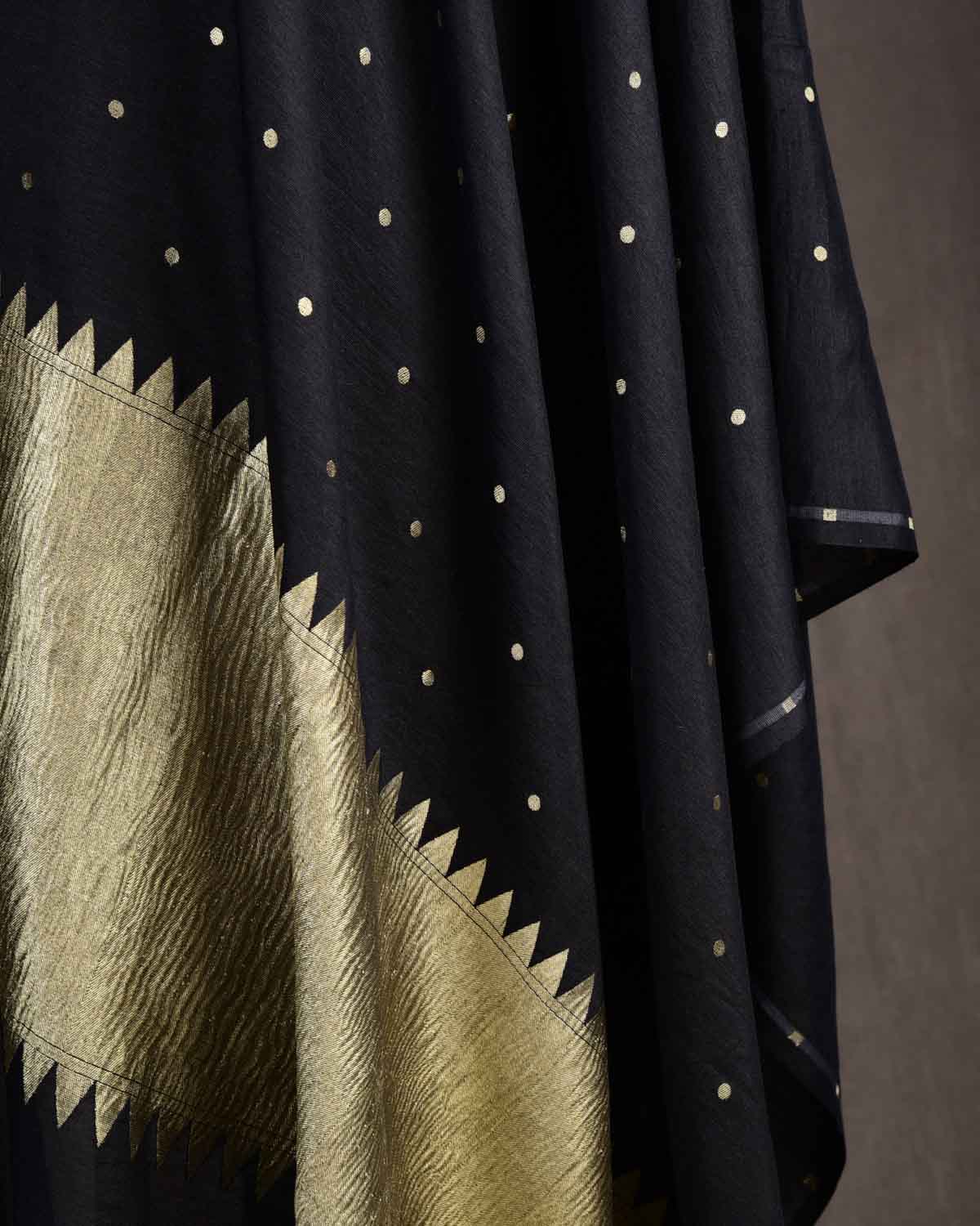 Black Gold Zari Polka Buti Cutwork Brocade Handwoven Muga Silk Banarasi Dupatta-HolyWeaves