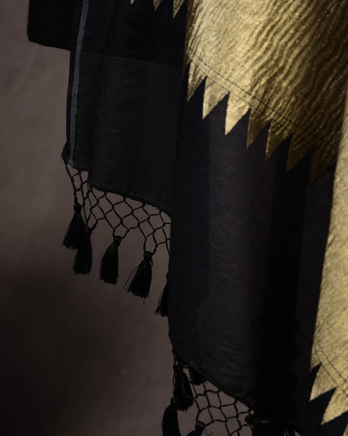 Black Gold Zari Polka Buti Cutwork Brocade Handwoven Muga Silk Banarasi Dupatta-HolyWeaves