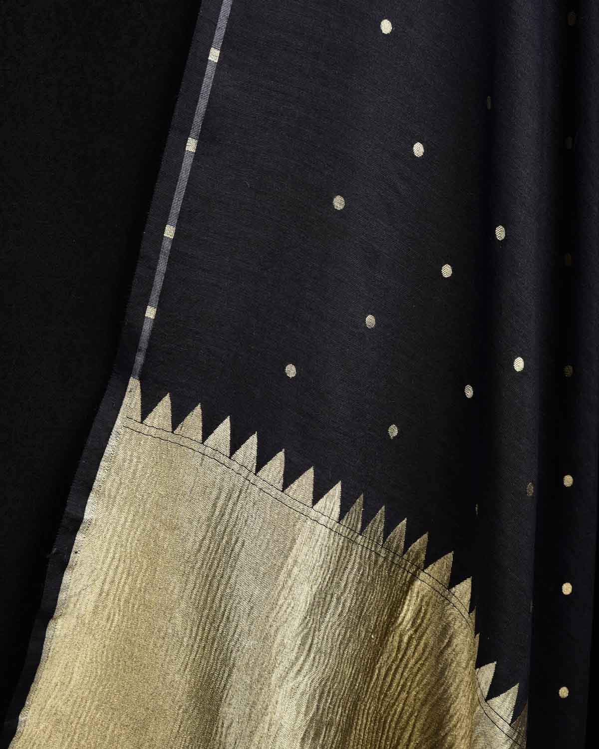 Black Gold Zari Polka Buti Cutwork Brocade Handwoven Muga Silk Banarasi Dupatta-HolyWeaves