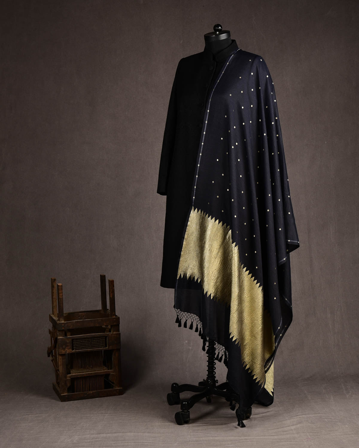 Black Gold Zari Polka Buti Cutwork Brocade Handwoven Muga Silk Banarasi Dupatta-HolyWeaves