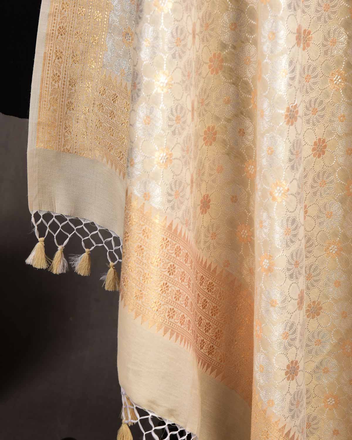 Beige Gold & Silver Zari Floral Jaal Cutwork Brocade Woven Muga Silk Banarasi Dupatta-HolyWeaves