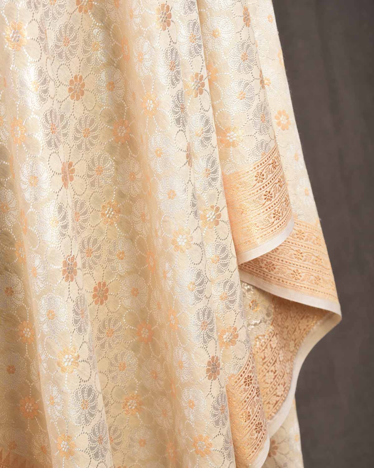 Beige Gold & Silver Zari Floral Jaal Cutwork Brocade Woven Muga Silk Banarasi Dupatta-HolyWeaves