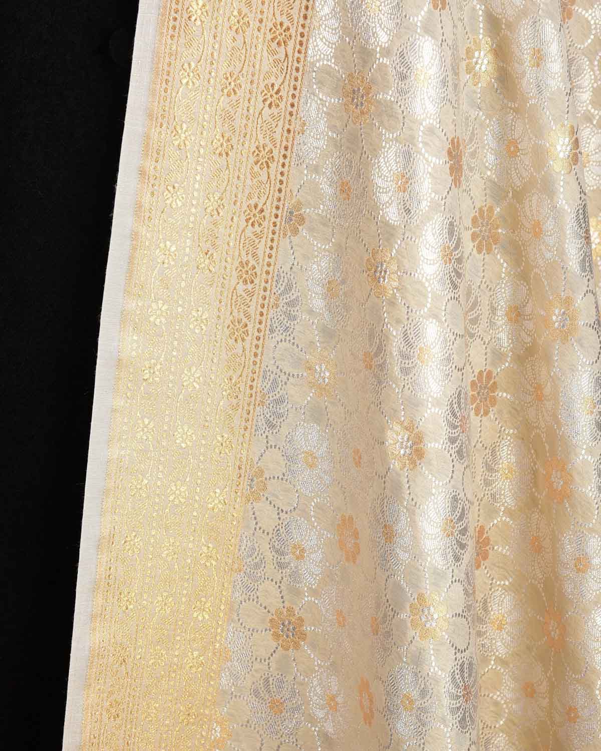 Beige Gold & Silver Zari Floral Jaal Cutwork Brocade Woven Muga Silk Banarasi Dupatta-HolyWeaves