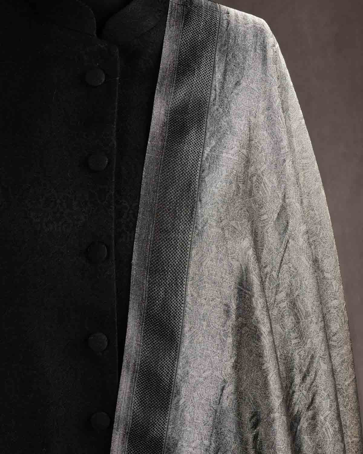 Metallic Silver Gray WATERMARK Spider Web Brocade Handwoven Kora Tissue Banarasi Dupatta-HolyWeaves