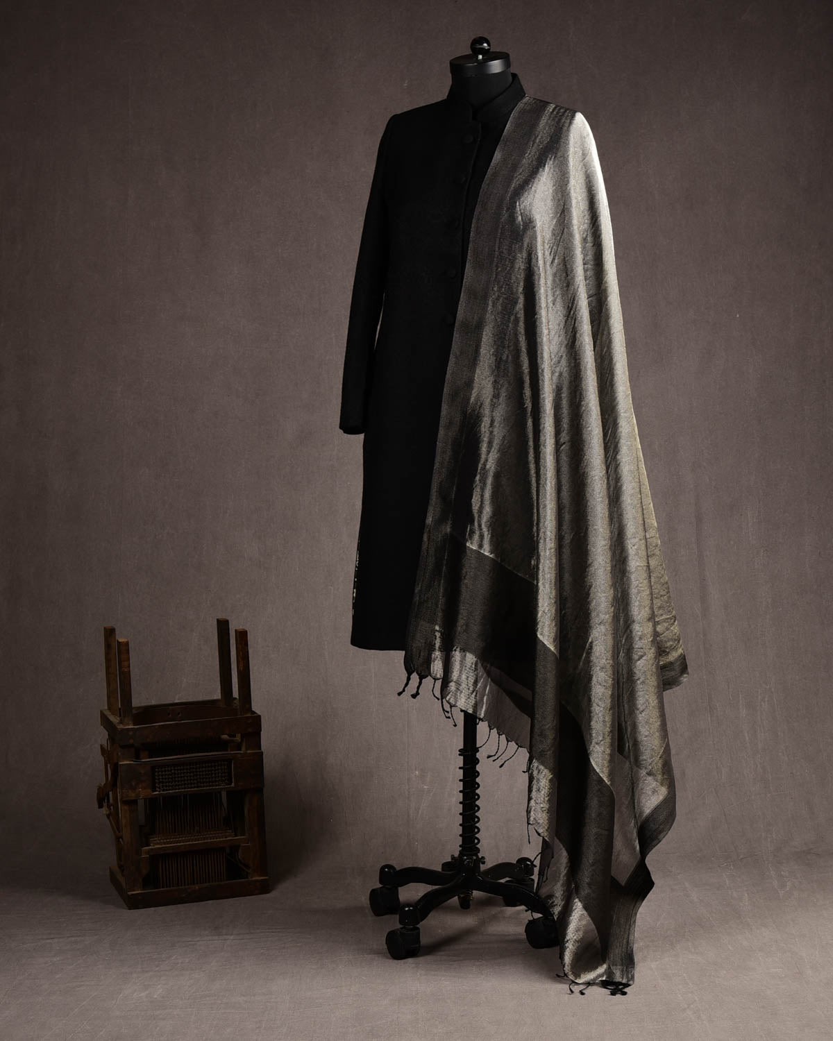 Metallic Silver Gray WATERMARK Spider Web Brocade Handwoven Kora Tissue Banarasi Dupatta-HolyWeaves