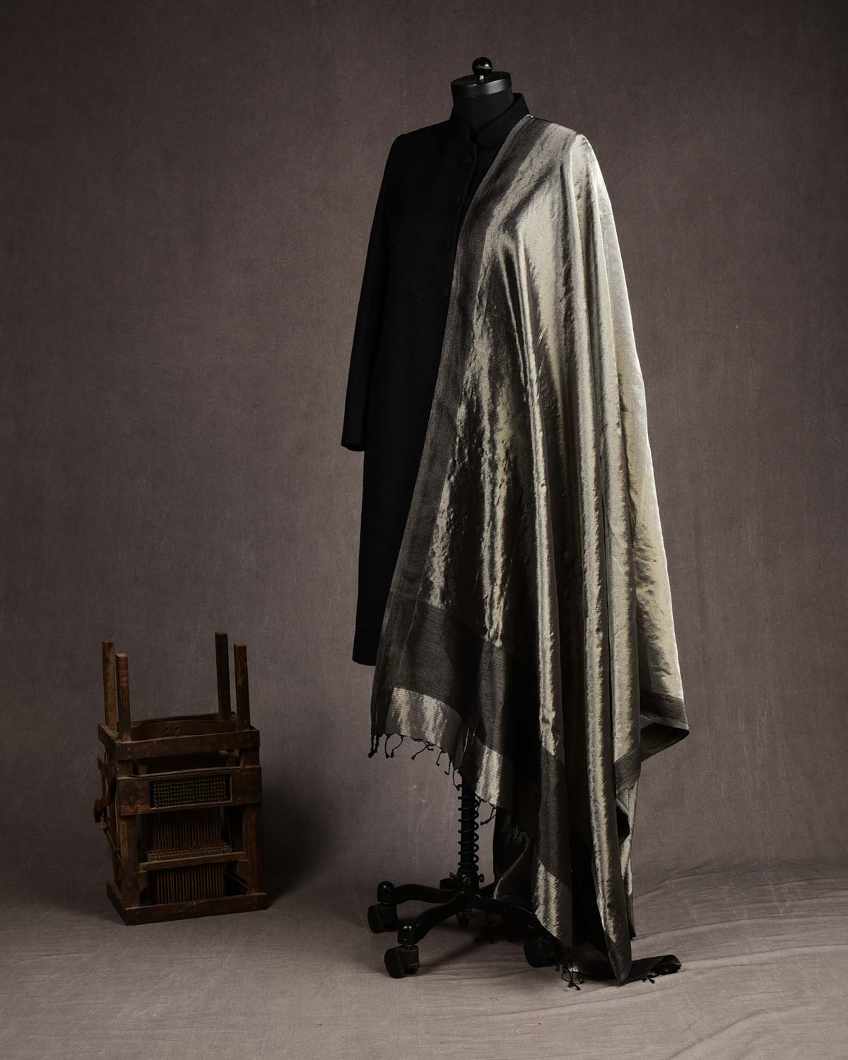 Metallic Silver Gray WATERMARK Abstract Geometry Brocade Handwoven Kora Tissue Banarasi Dupatta-HolyWeaves