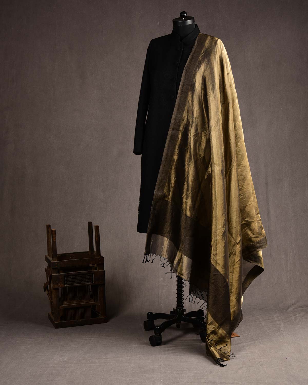 Metallic Gold WATERMARK Diagonal Stripes Brocade Handwoven Kora Tissue Banarasi Dupatta-HolyWeaves