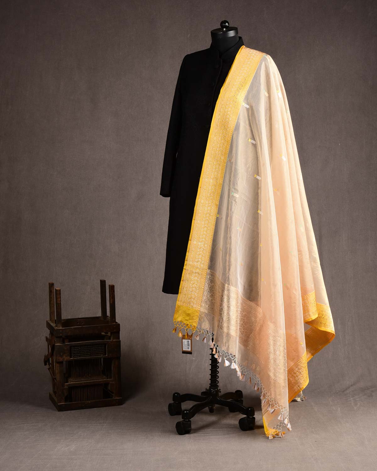 Metallic Beige Kadhuan Brocade Handwoven Kora Tissue Banarasi Dupatta-HolyWeaves