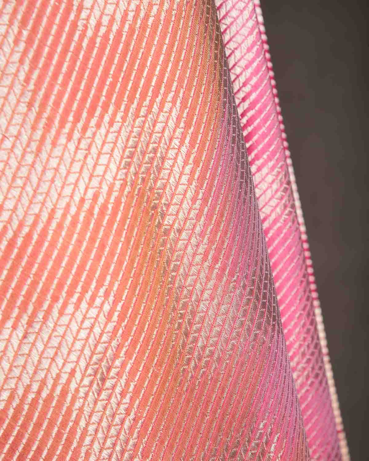 Ombre Pink Gold Zari Chevron Brocade Handwoven Katan Silk Banarasi Dupatta-HolyWeaves