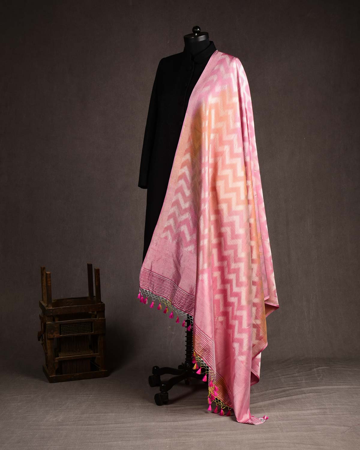 Ombre Pink Gold Zari Chevron Brocade Handwoven Katan Silk Banarasi Dupatta-HolyWeaves