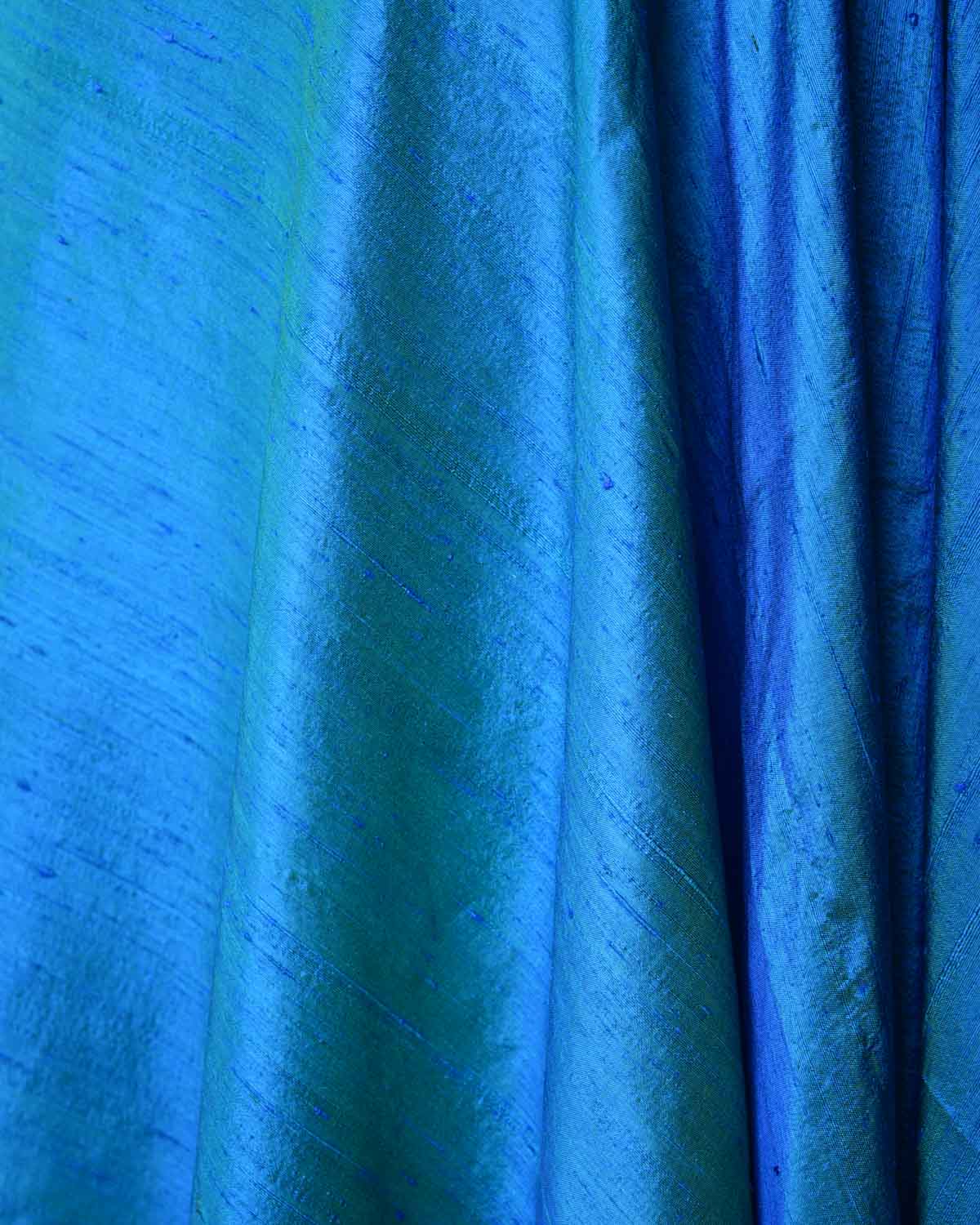 Shot Blue-Green Textured Slub Handwoven Raw Silk Banarasi Fabric-HolyWeaves
