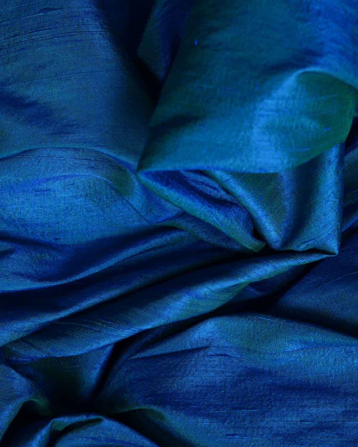 Shot Blue-Green Textured Slub Handwoven Raw Silk Banarasi Fabric-HolyWeaves