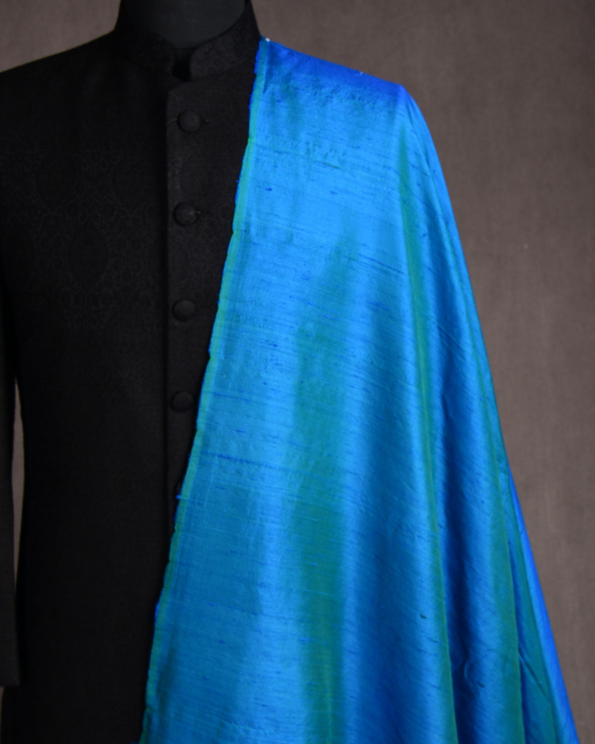 Shot Blue-Green Textured Slub Handwoven Raw Silk Banarasi Fabric-HolyWeaves