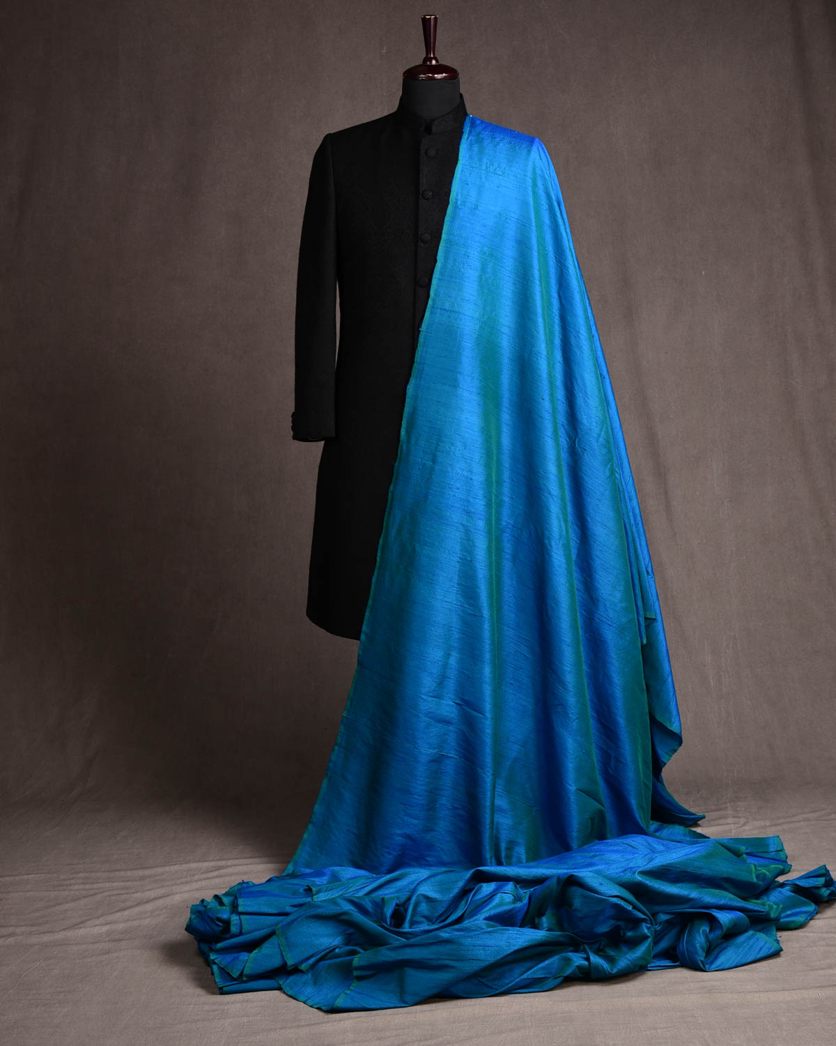 Shot Blue-Green Textured Slub Handwoven Raw Silk Banarasi Fabric-HolyWeaves