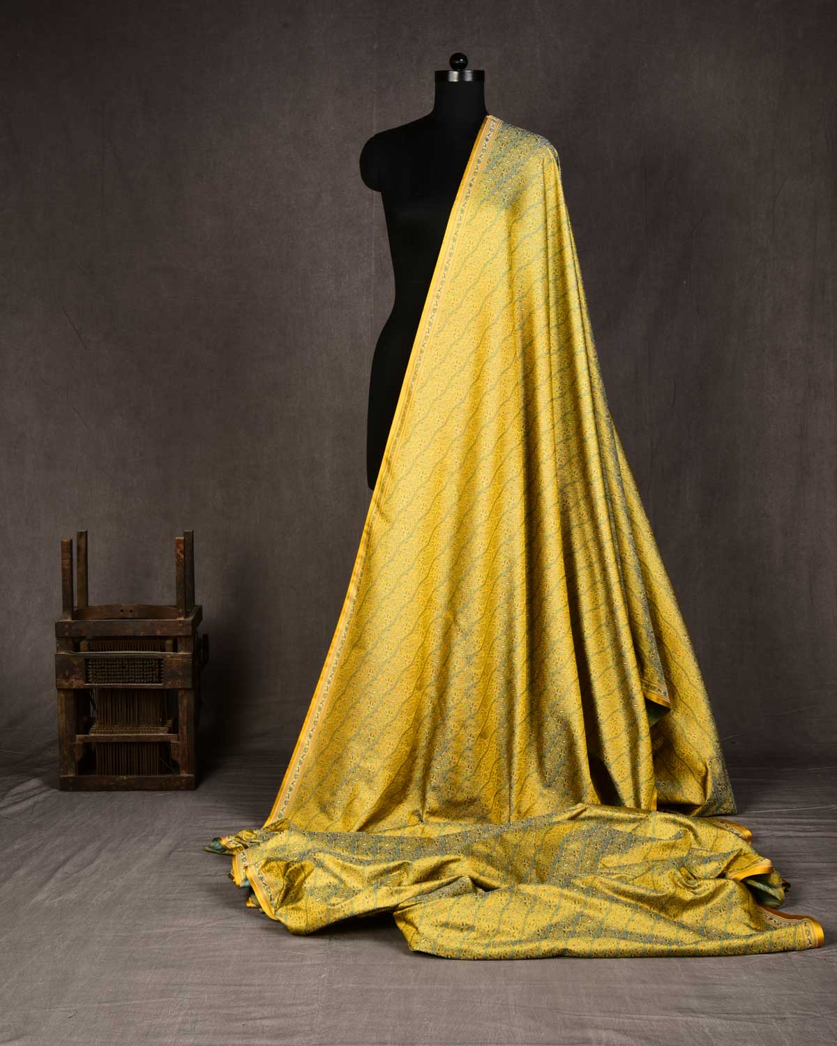Mustard Yellow Banarasi Tehra Jamawar Brocade Handwoven Katan Silk Fabric-HolyWeaves