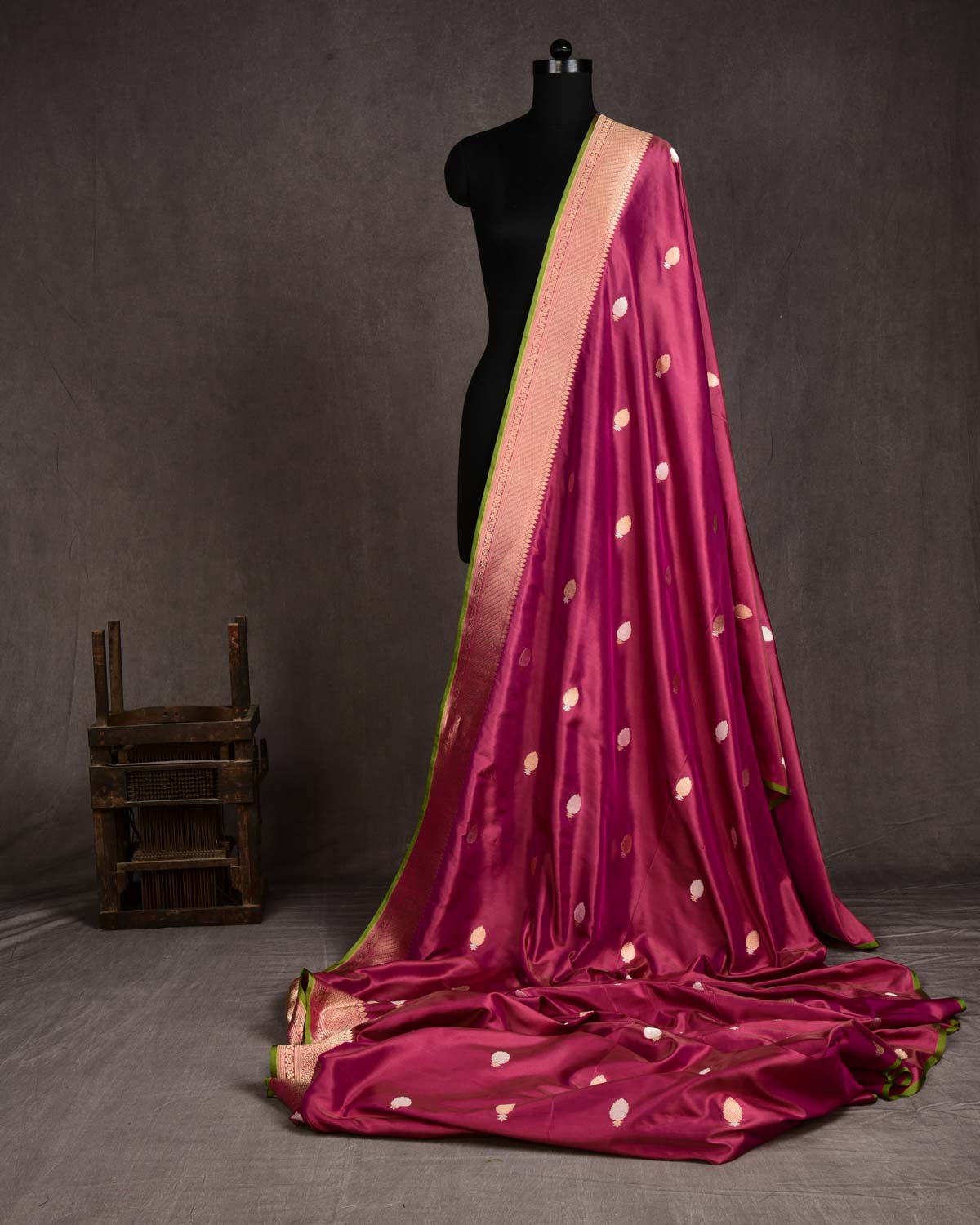 Shot Magenta Banarasi Buti Alfi Sona-Rupa Kadhuan Brocade Handwoven Katan Silk Fabric with Brocade Border-HolyWeaves