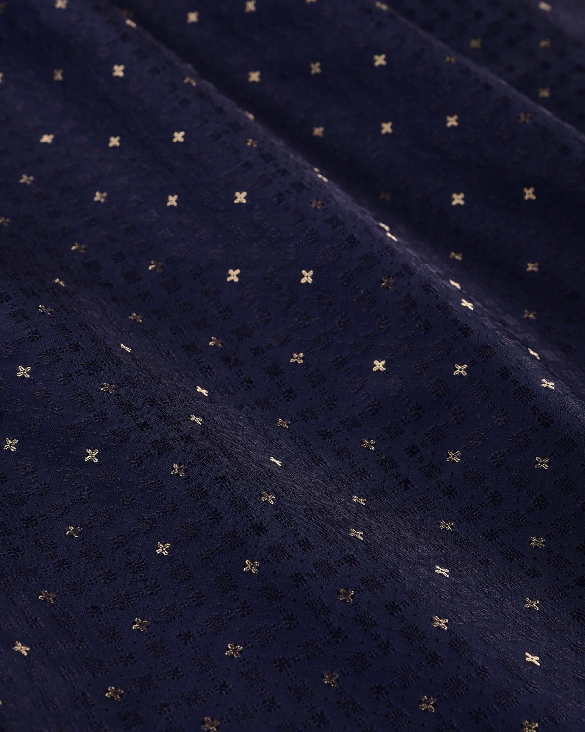 Navy Blue Banarasi Zari Buti Tanchoi Brocade Handwoven Katan Silk Fabric-HolyWeaves