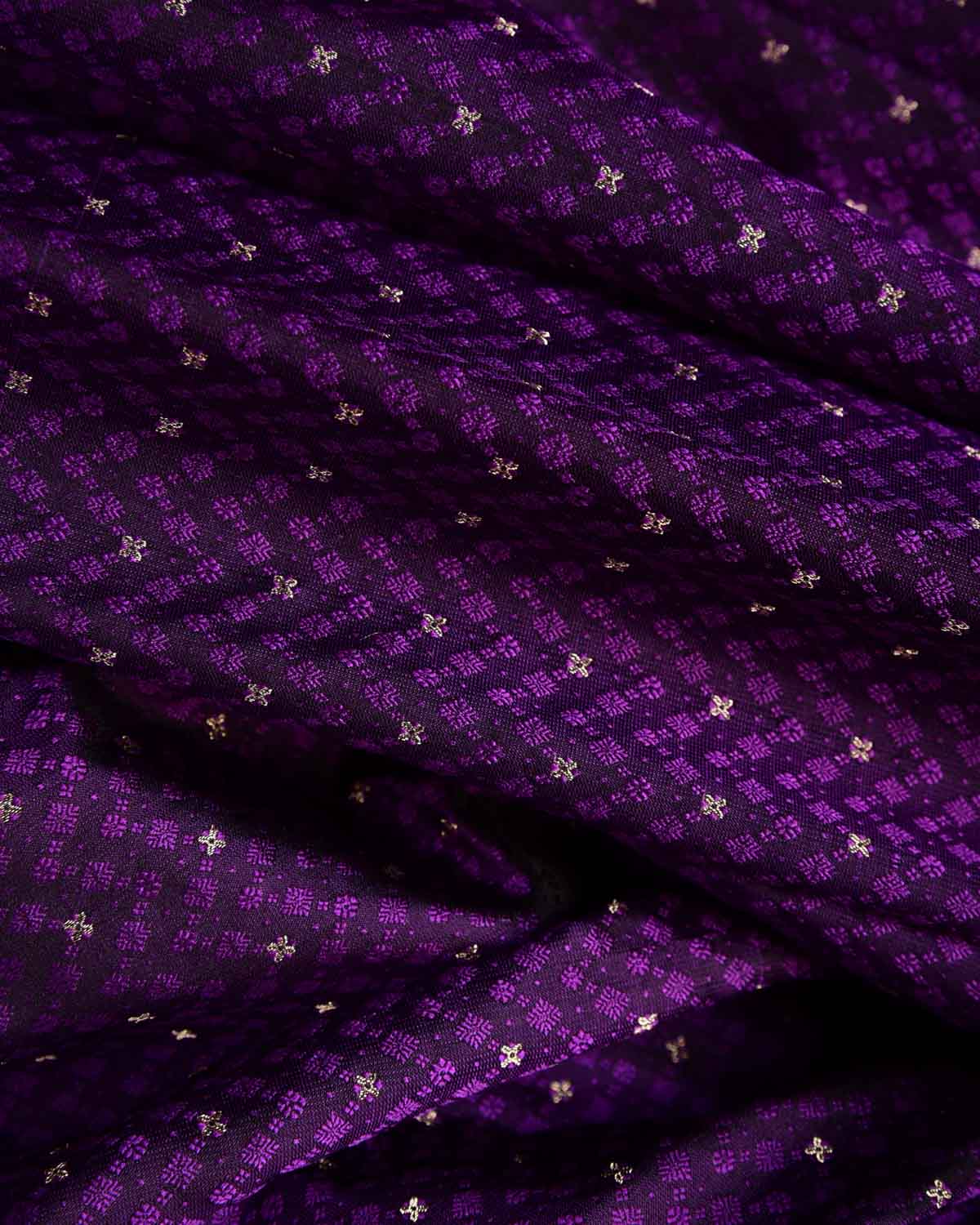Purple Resham Buti Satin Tanchoi Brocade Handwoven Katan Silk Banarasi Fabric-HolyWeaves