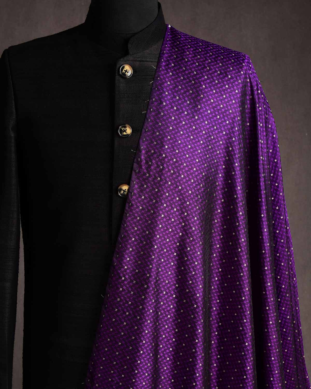 Purple Resham Buti Satin Tanchoi Brocade Handwoven Katan Silk Banarasi Fabric-HolyWeaves