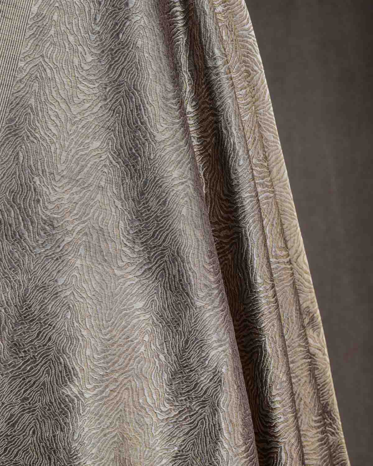 Metallic Gray Gold & Silver Zari Tiger Stripes Brocade Handwoven Silk Wool Banarasi Fabric