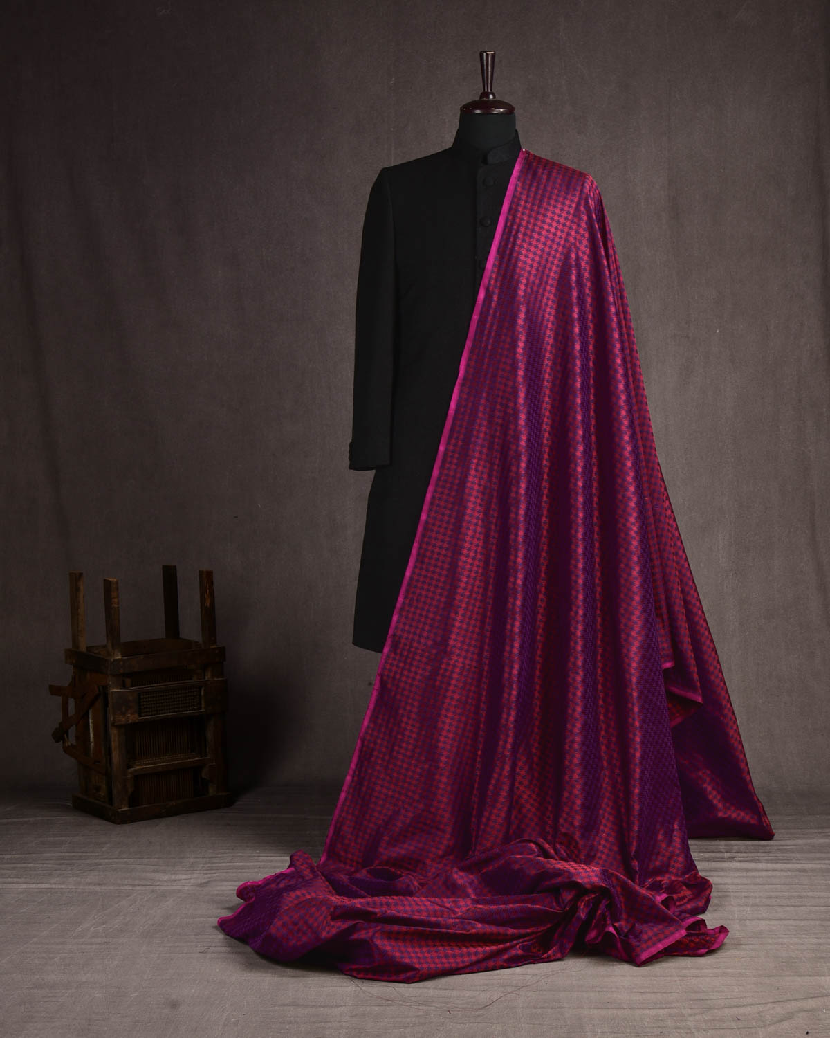 Maroon on Purple Banarasi Resham Houndstooth Brocade Handwoven Katan Silk Fabric-HolyWeaves