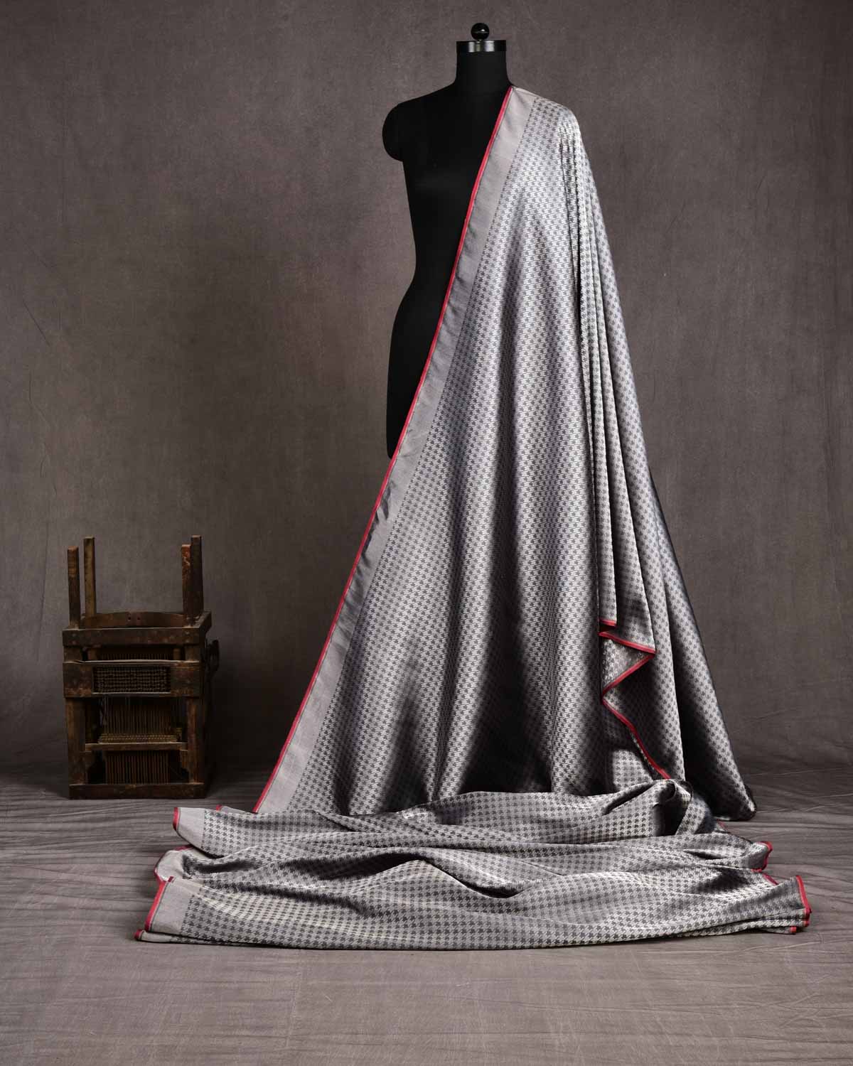 Gray Banarasi Silver Zari Houndstooth Ektara Brocade Handwoven Katan Silk Fabric-HolyWeaves