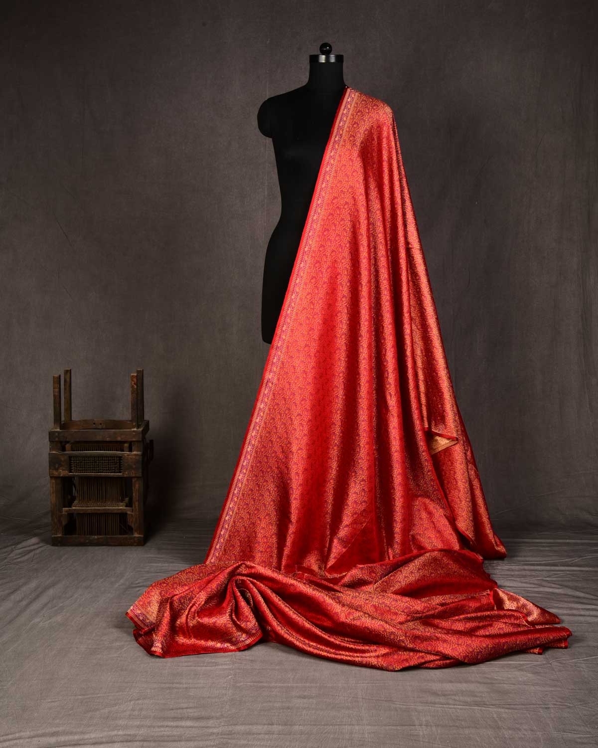 Red Banarasi Jamawar Handwoven Katan Silk Fabric with Zari Accents-HolyWeaves