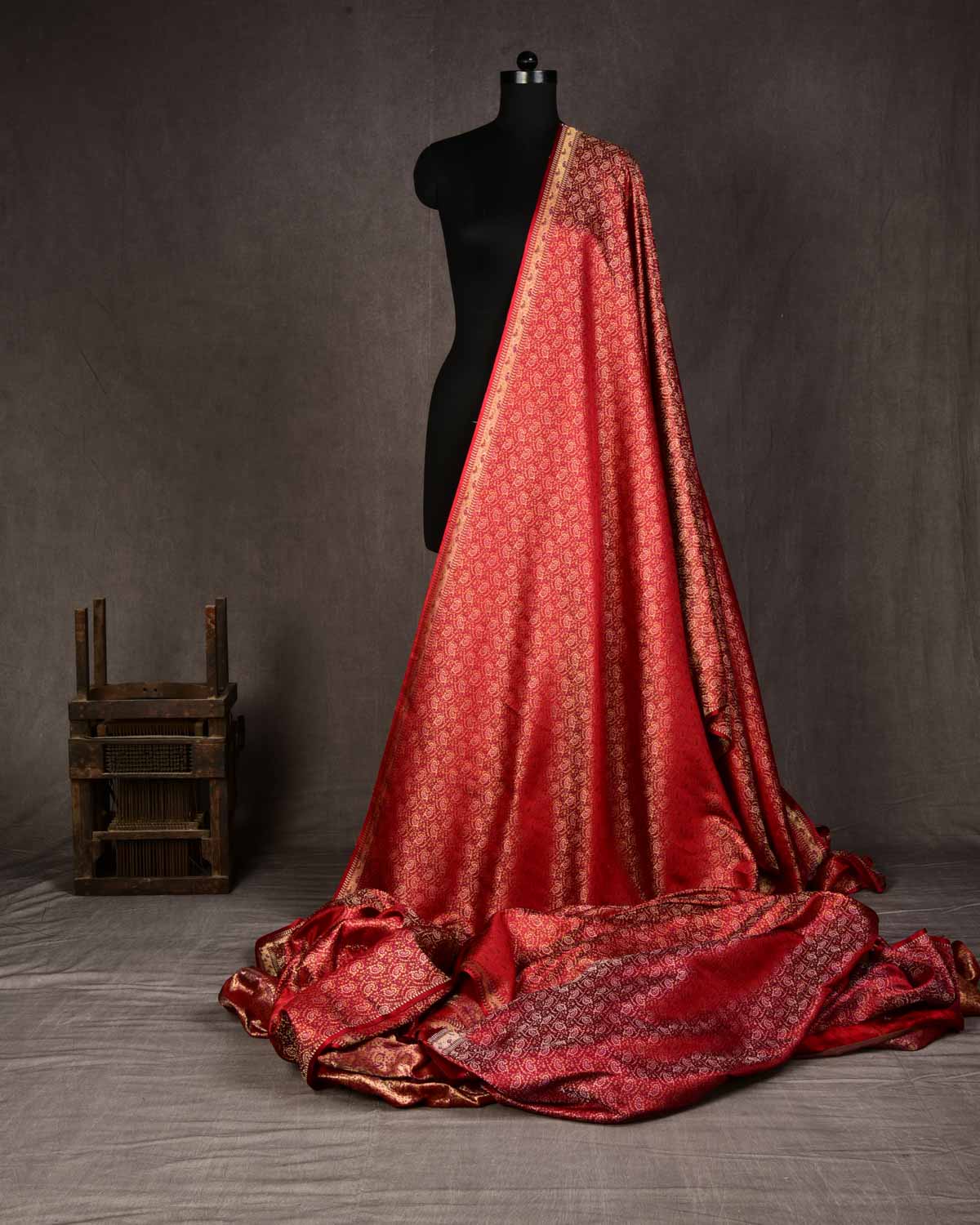 Red Banarasi Tehra Jamawar Handwoven Katan Silk Fabric with Zari Accents-HolyWeaves
