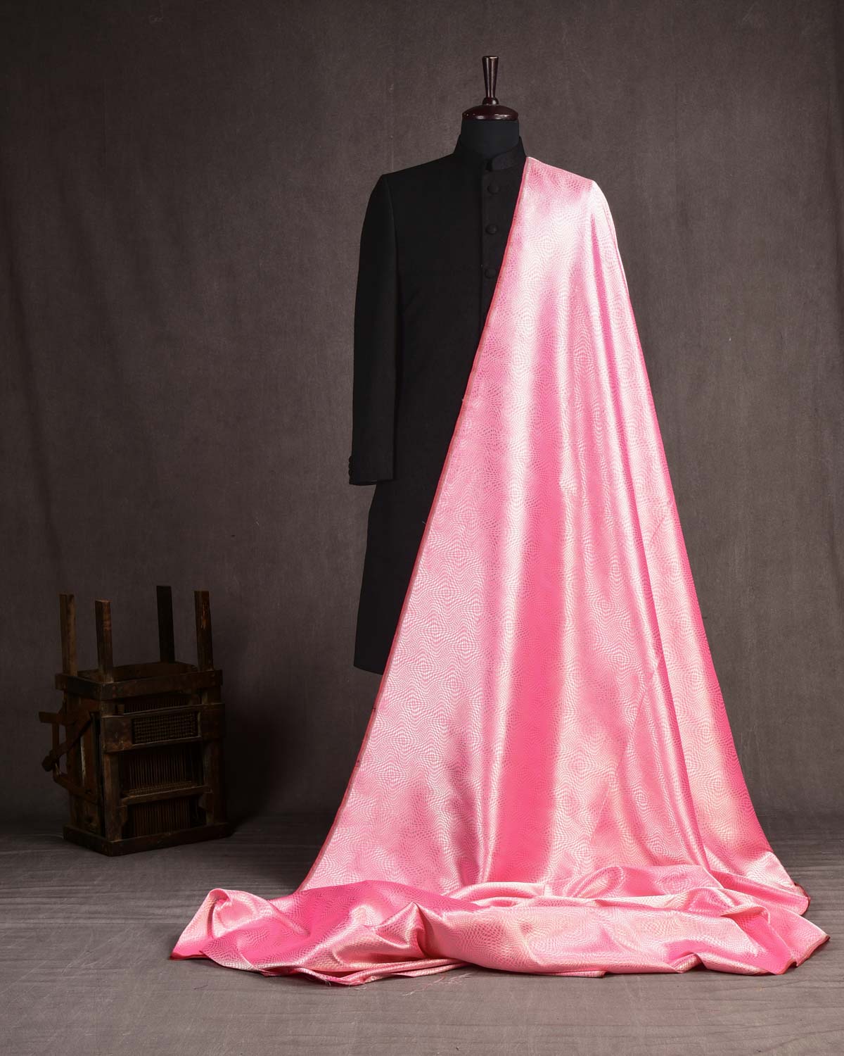 Flamingo Pink Banarasi Houndstooth Cyclone Roopa Zari Brocade Handwoven Katan Silk Fabric-HolyWeaves
