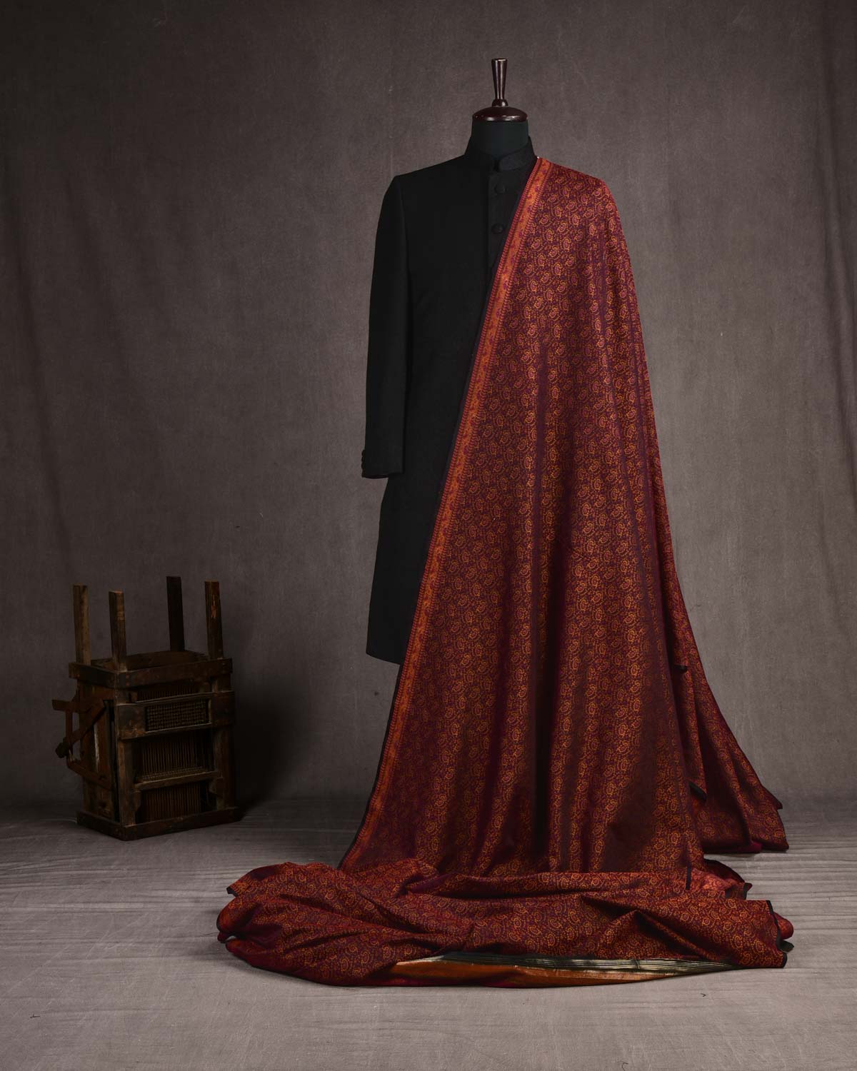 Black Banarasi Tehra Jamawar Handwoven Silk-wool Fabric-HolyWeaves