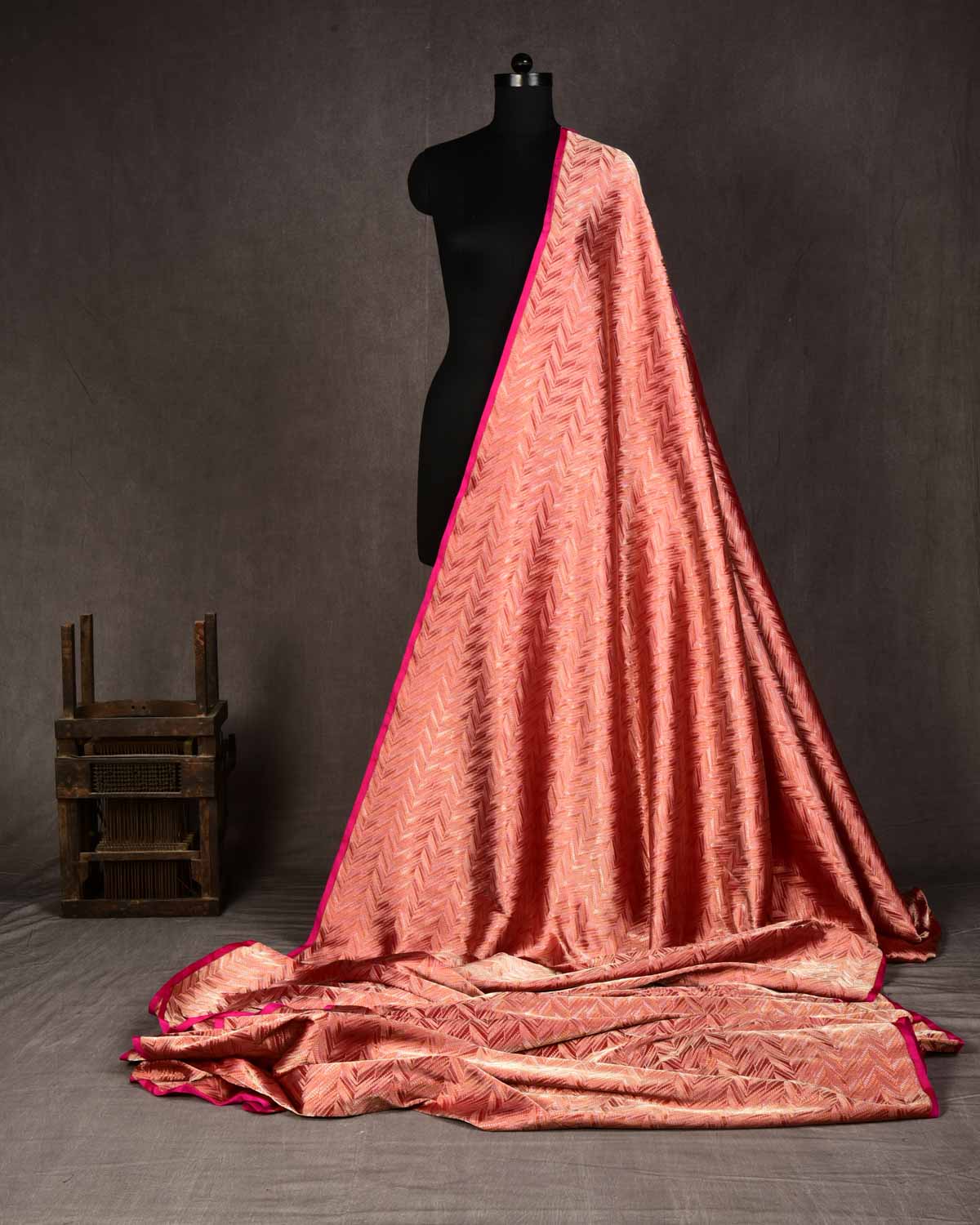 Maroon Banarasi Arrowhead Chevron Alfi Sona Rupa Brocade Handwoven Katan Silk Fabric-HolyWeaves