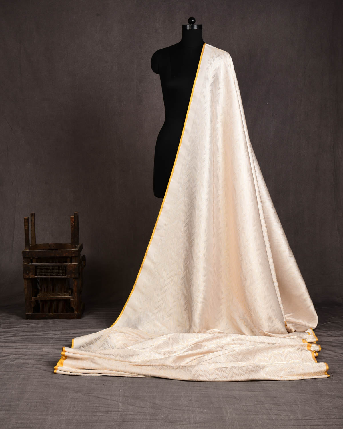 White Banarasi Arrowhead Alfi Silver & Gold Zari Chevron Brocade Handwoven Katan Silk Fabric-HolyWeaves