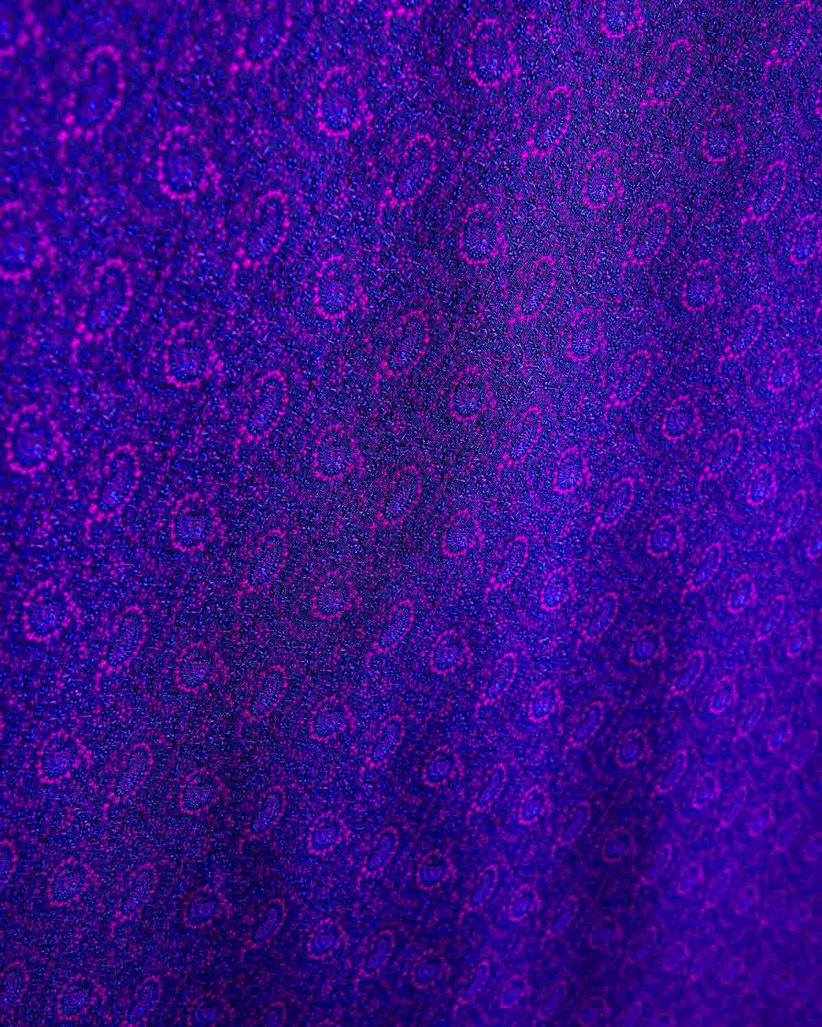 Royal Blue Banarasi Alfi Paisley Jamawar Handwoven Katan Silk Fabric-HolyWeaves