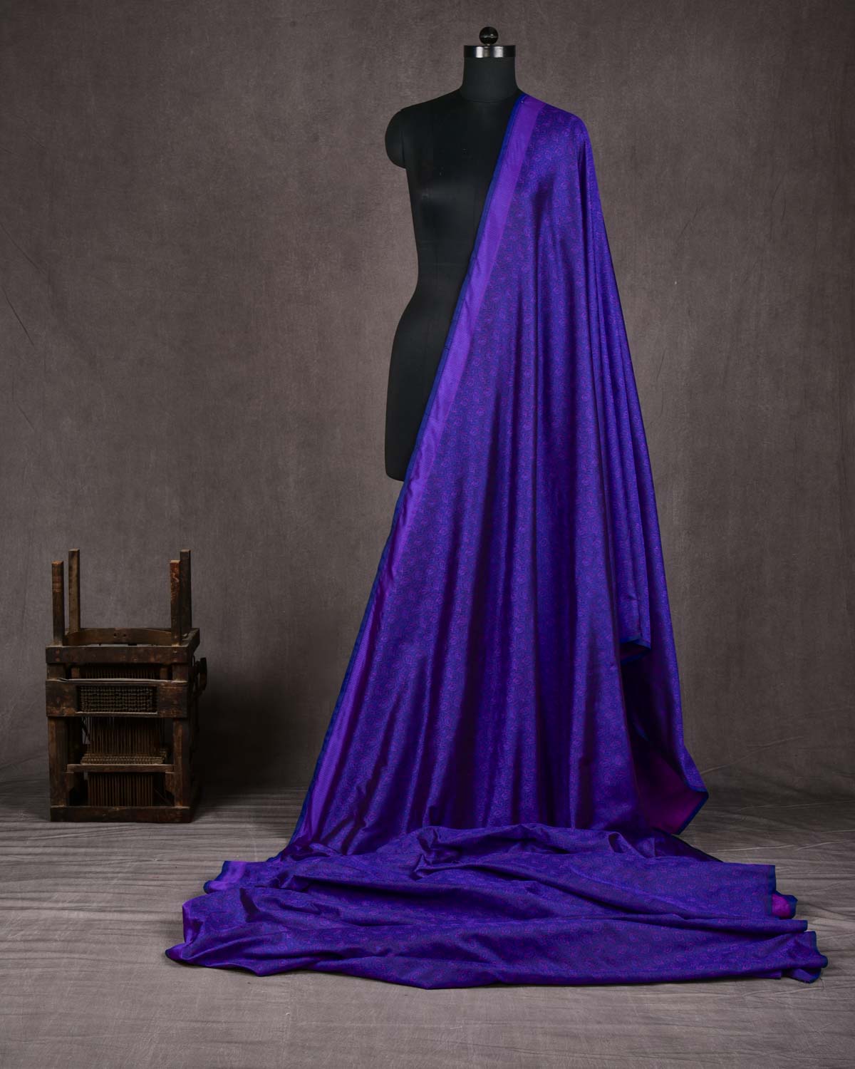 Royal Blue Banarasi Alfi Paisley Jamawar Handwoven Katan Silk Fabric-HolyWeaves