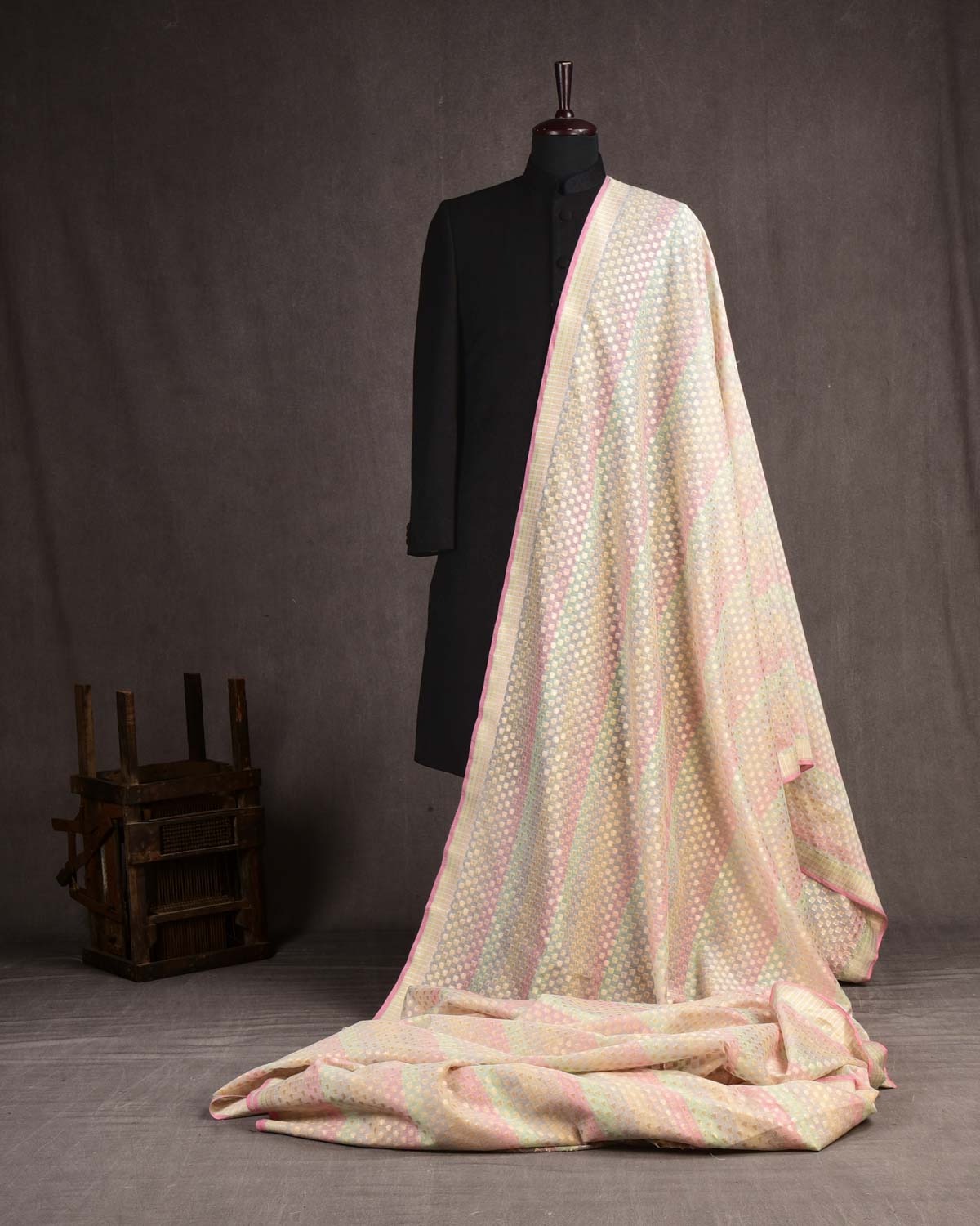 Multi-color Striped Banarasi Alfi Sona Rupa Buti Cutwork Brocade Handwoven Cotton Silk Fabric-HolyWeaves
