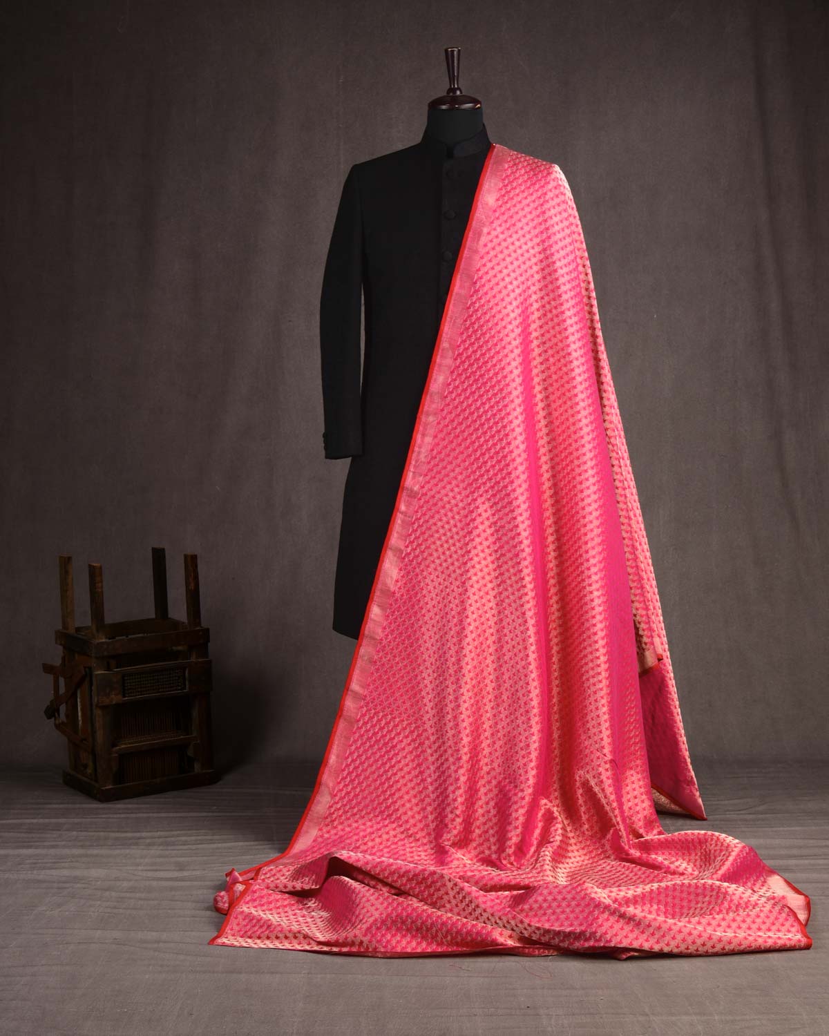 Shot Red-Pink Banarasi Geometric Alfi Sona Rupa Zari Brocade Handwoven Katan Silk Unisex Fabric-HolyWeaves