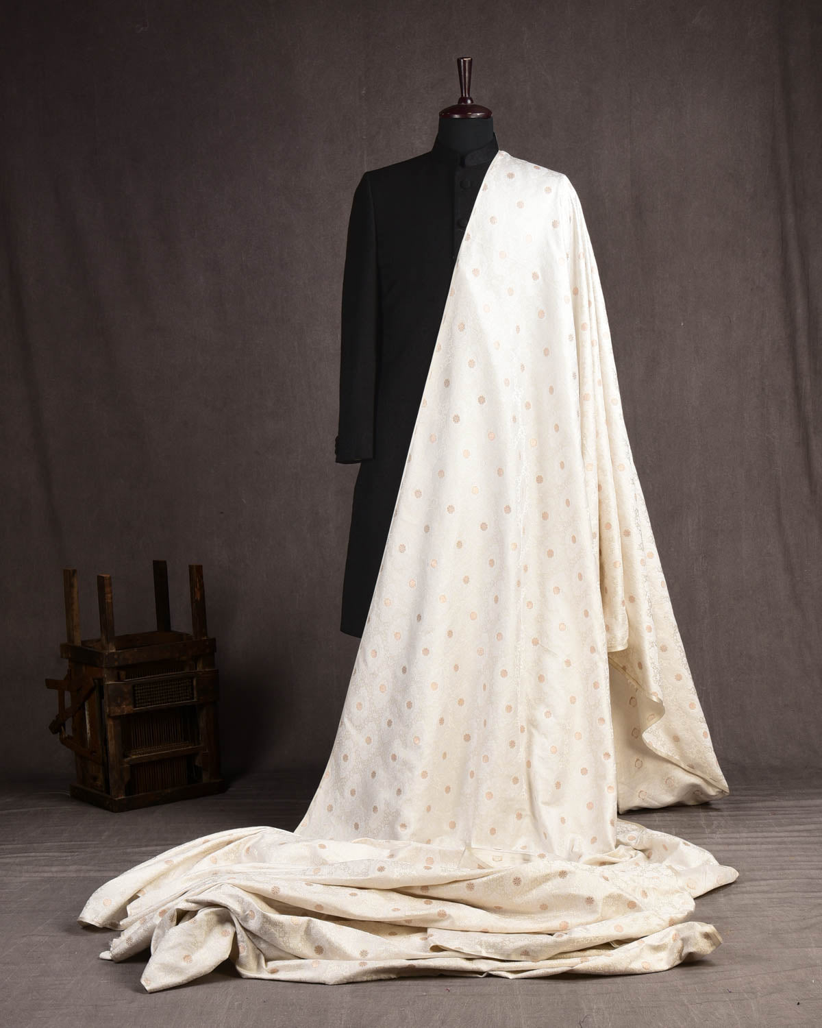 White Banarasi Resham Sona Zari Buta Jamawar Handwoven Katan Silk Fabric-HolyWeaves