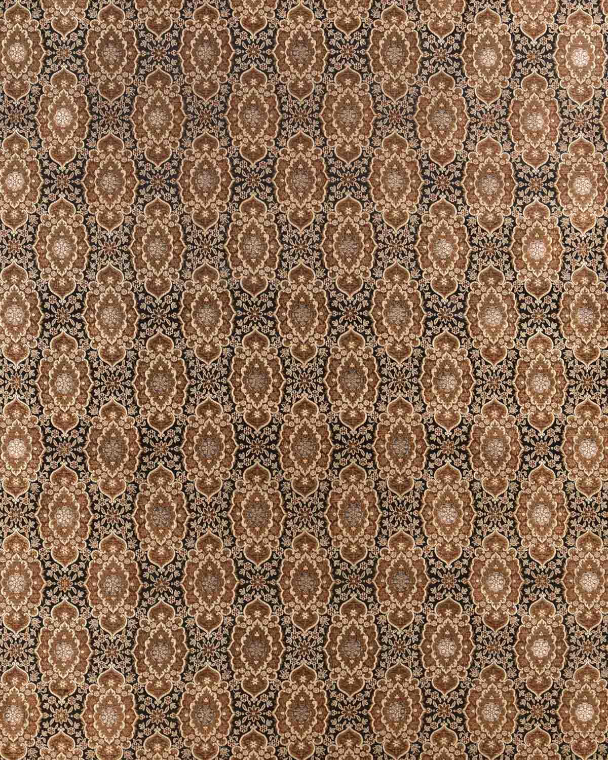Brown Black Banarasi Gold Zari & Resham Damask Jamawar Brocade Handwoven Katan Silk Fabric-HolyWeaves