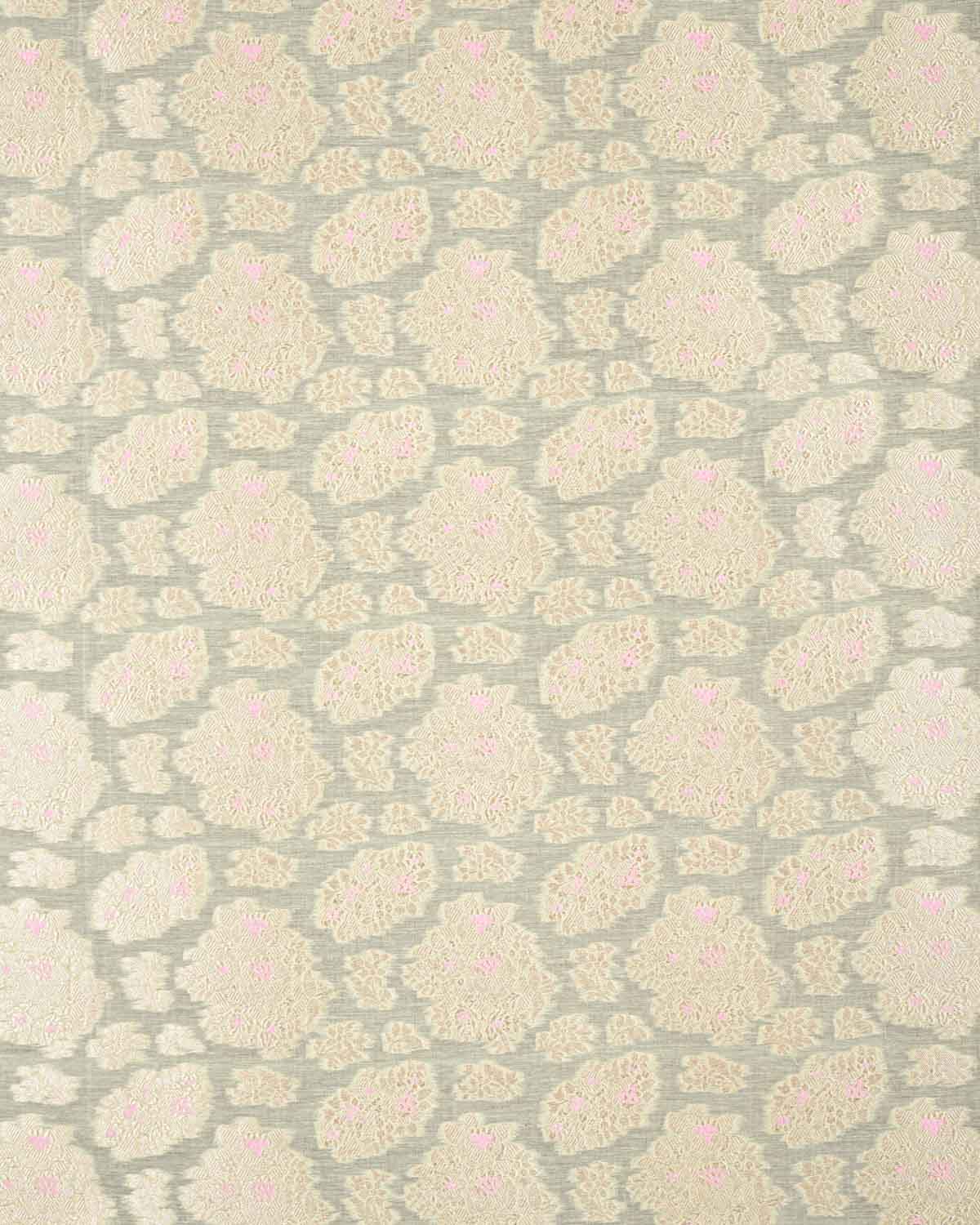 Powder Green Banarasi Gold Zari & Pink Resham Cutwork Brocade Handwoven Cotton Silk Fabric-HolyWeaves