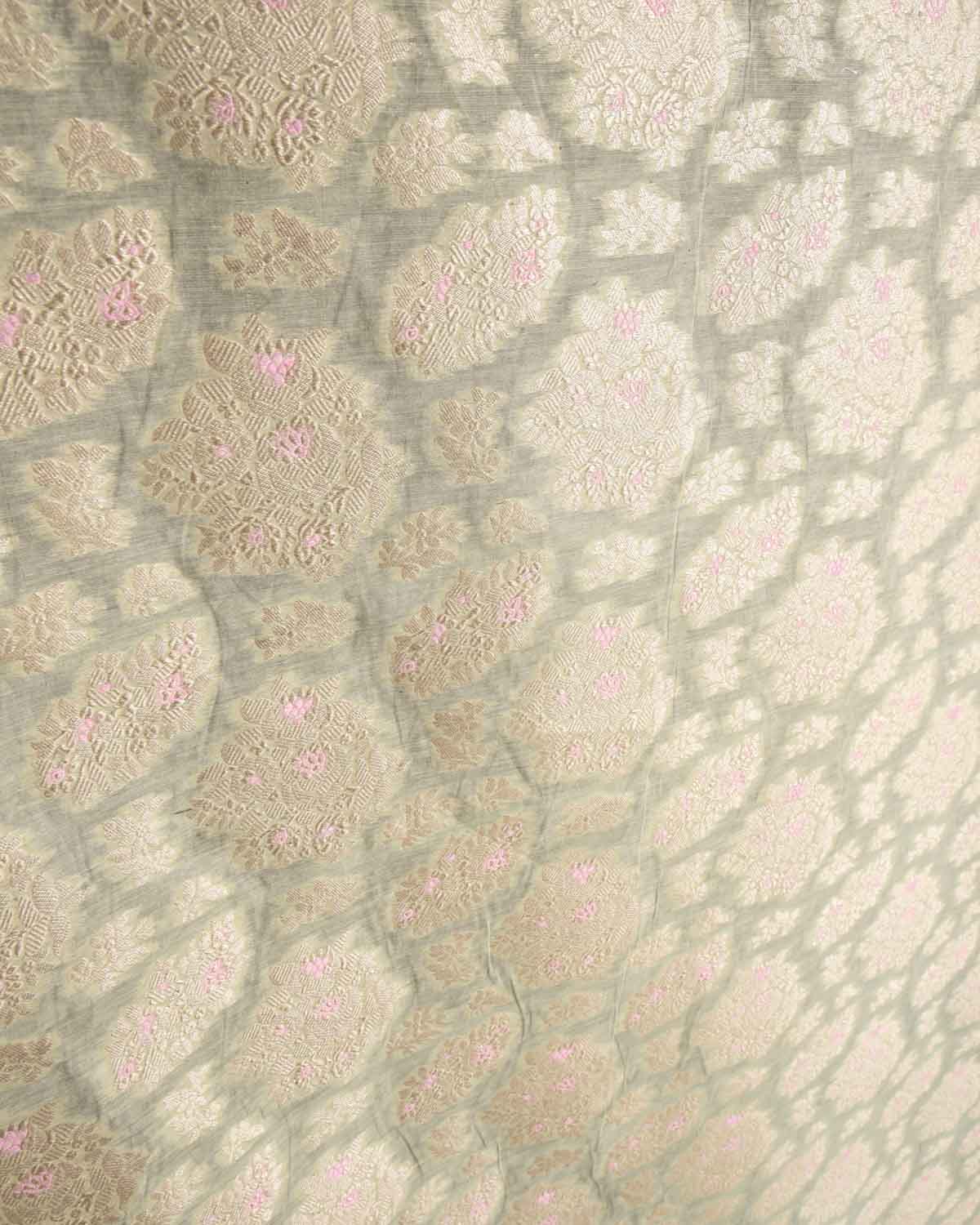 Powder Green Banarasi Gold Zari & Pink Resham Cutwork Brocade Handwoven Cotton Silk Fabric-HolyWeaves